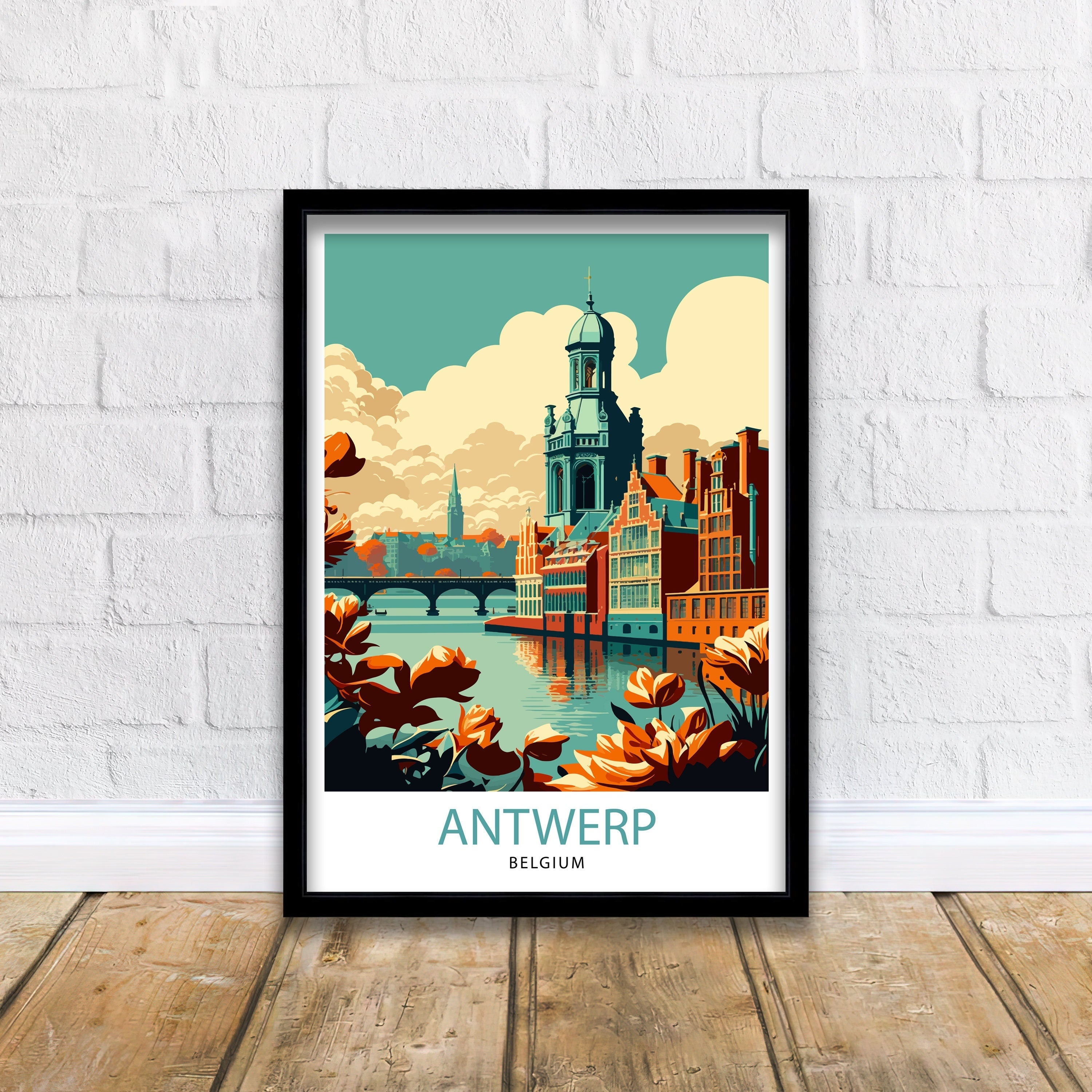 Antwerp Belgium Travel Poster, City Illustration Print