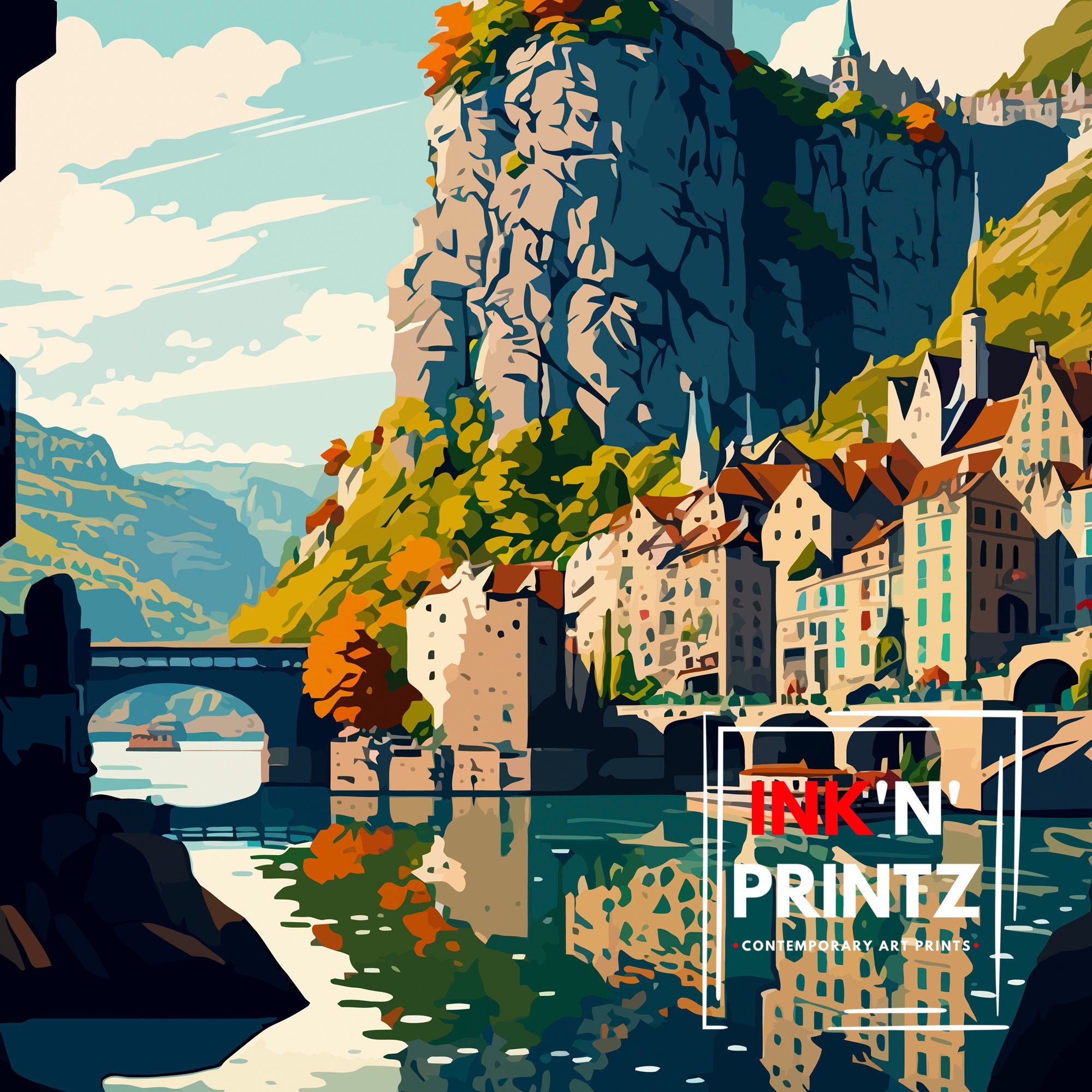 Dinant Belgium Travel Print, Colorful City Illustration