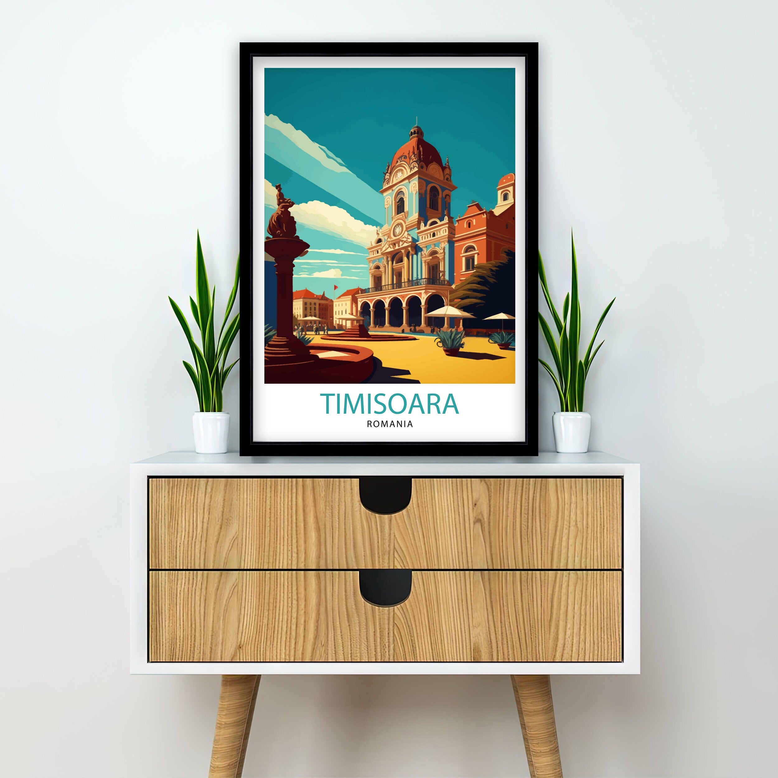 Timișoara Romania Travel Poster, Illustrated City Landmark Art Print