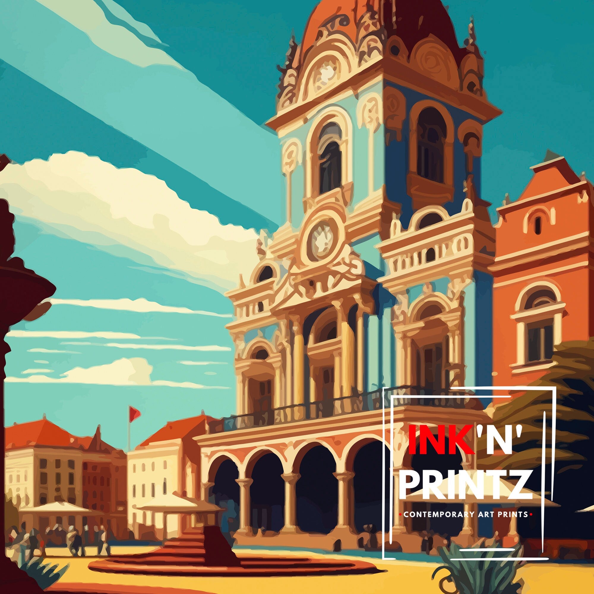 Timișoara Romania Travel Poster, Illustrated City Landmark Art Print