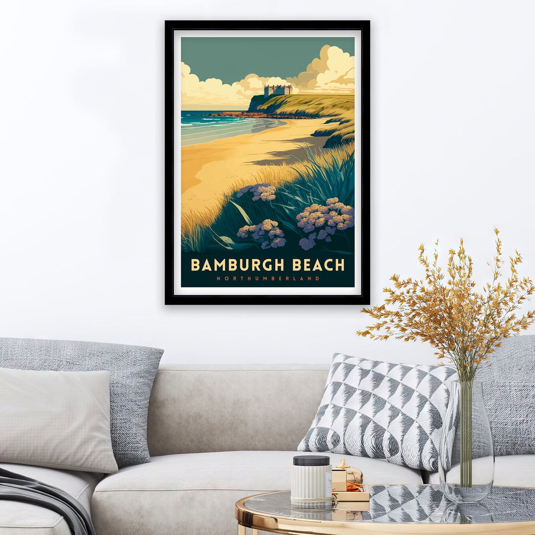 Bamburgh Beach Northumberland Travel Poster Bamburgh Castle Coastal Wall Art Northumberland Beach Decor UK Beach Illustration Travel Poster