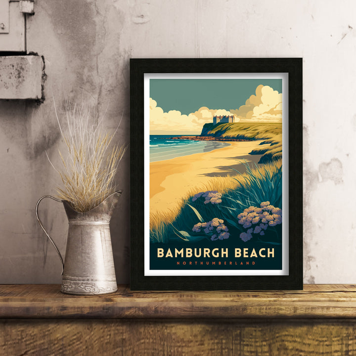 Bamburgh Beach Northumberland Travel Poster Bamburgh Castle Coastal Wall Art Northumberland Beach Decor UK Beach Illustration Travel Poster