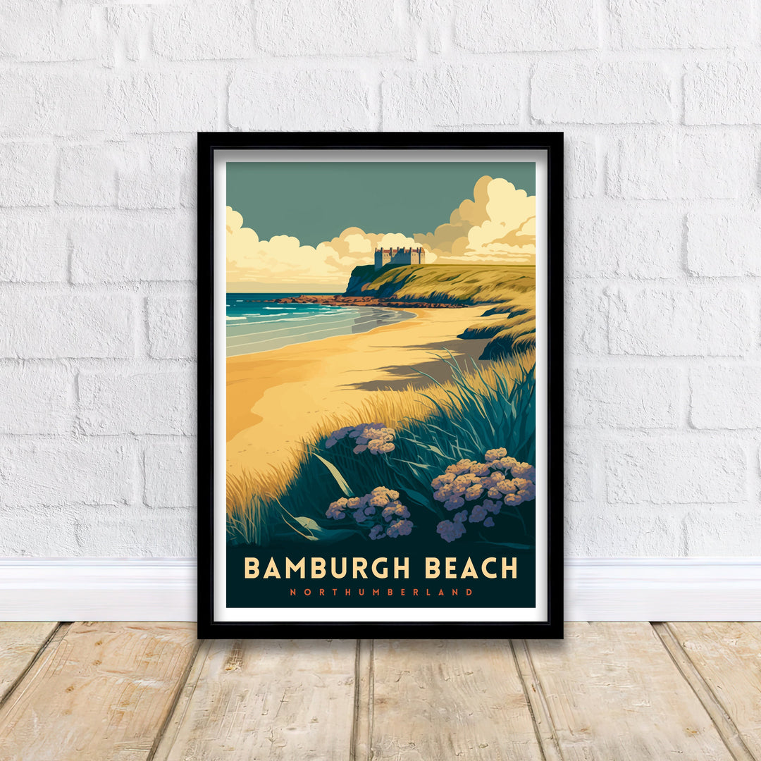 Bamburgh Beach Northumberland Travel Poster Bamburgh Castle Coastal Wall Art Northumberland Beach Decor UK Beach Illustration Travel Poster