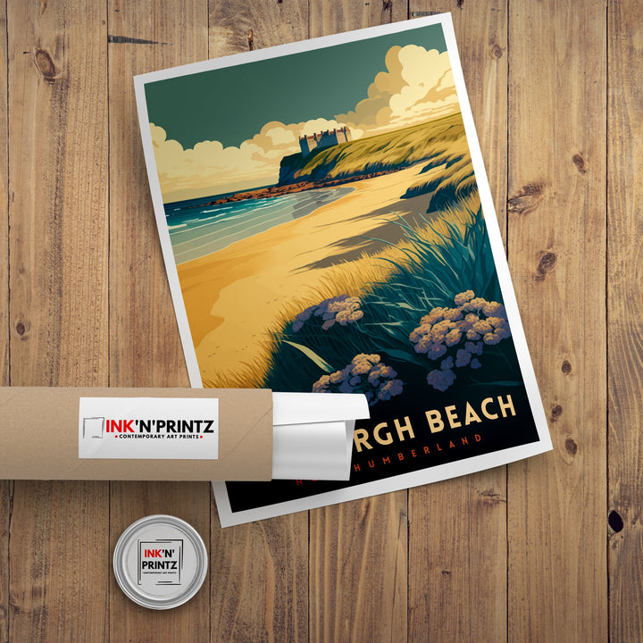 Bamburgh Beach Northumberland Travel Poster Bamburgh Castle Coastal Wall Art Northumberland Beach Decor UK Beach Illustration Travel Poster