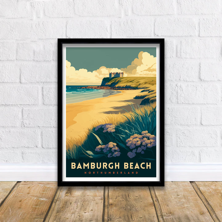 Bamburgh Beach Northumberland Travel Poster Bamburgh Castle Coastal Wall Art Northumberland Beach Decor UK Beach Illustration Travel Poster