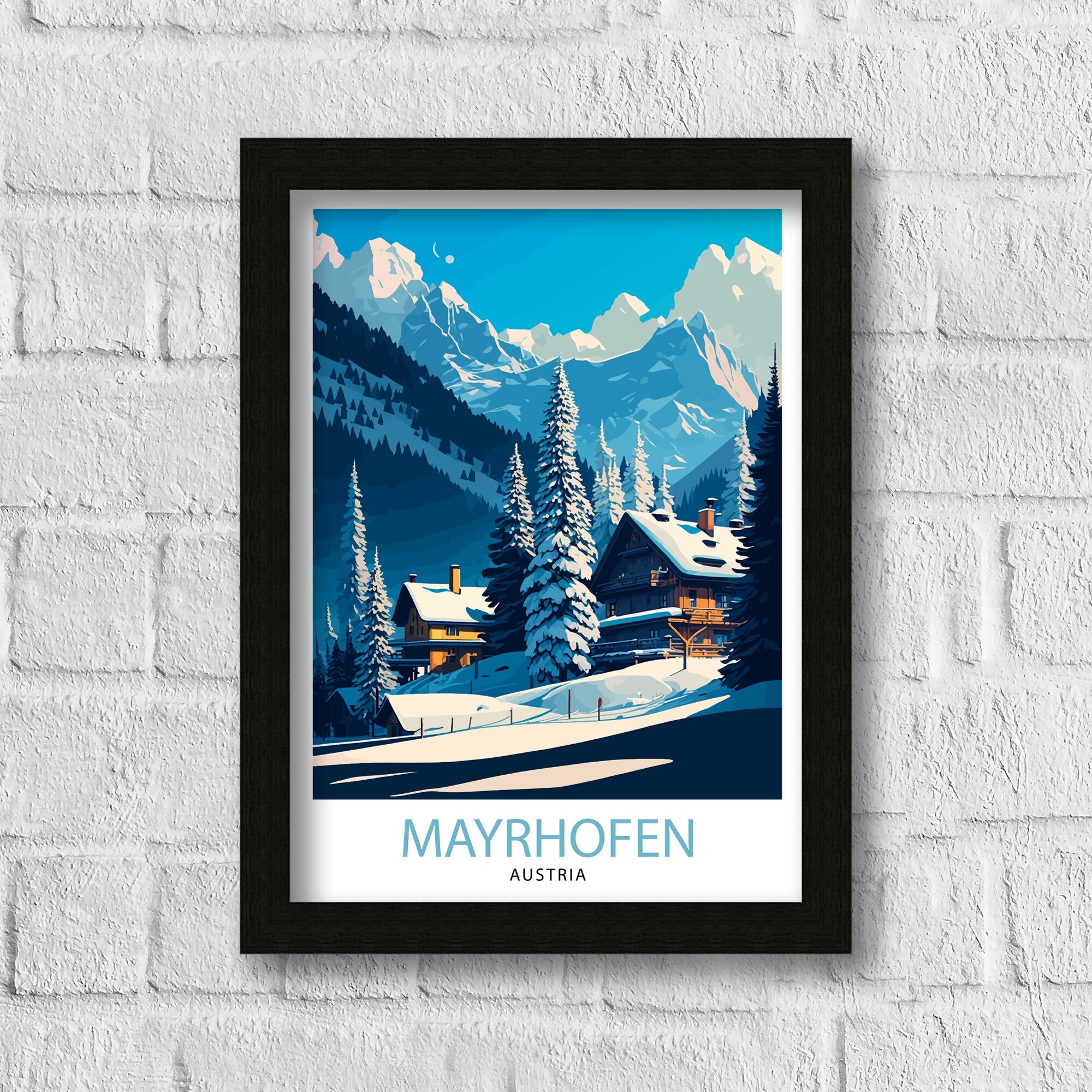 Mayrhofen Austria Travel Poster, Winter Mountain Scene