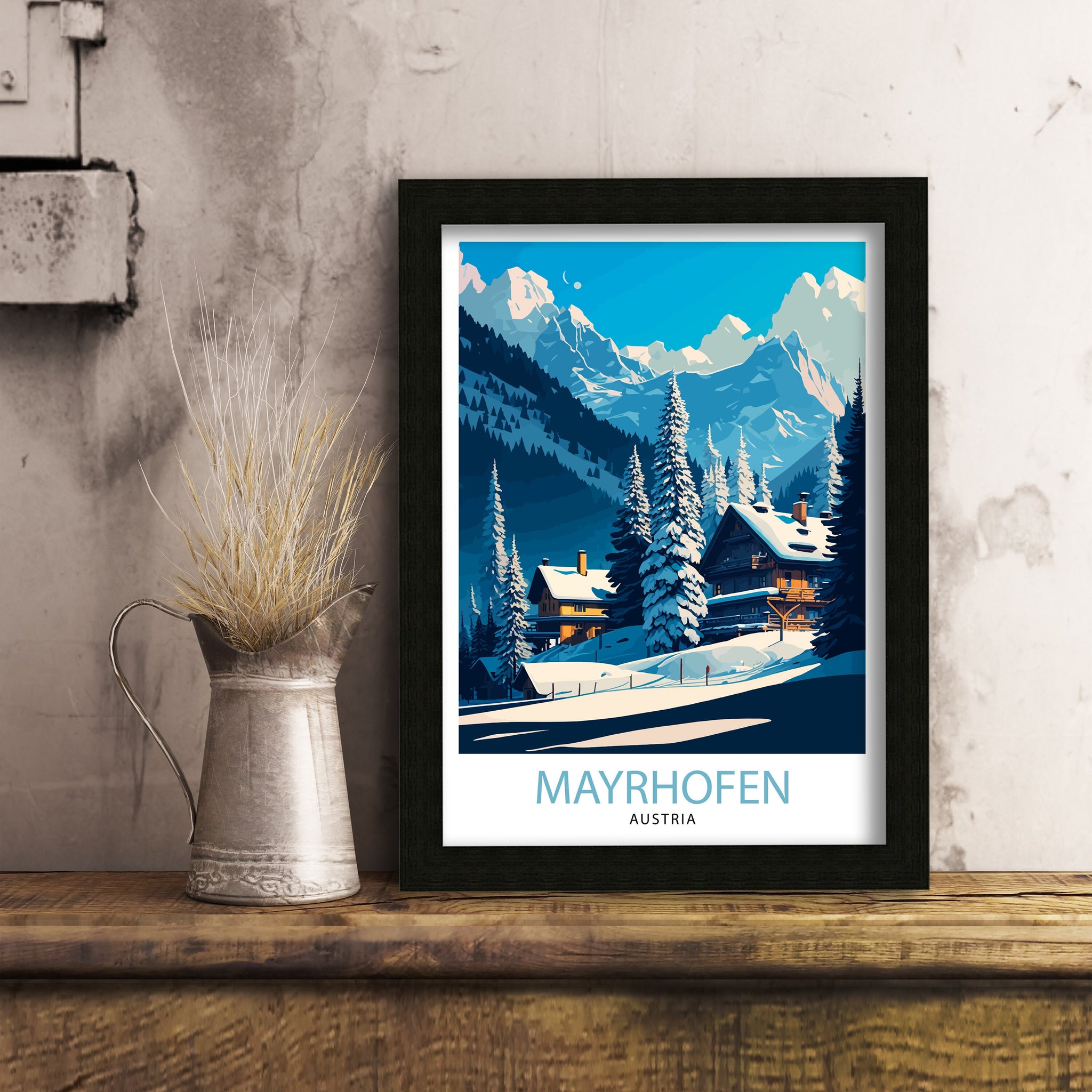 Mayrhofen Austria Travel Poster, Winter Mountain Scene
