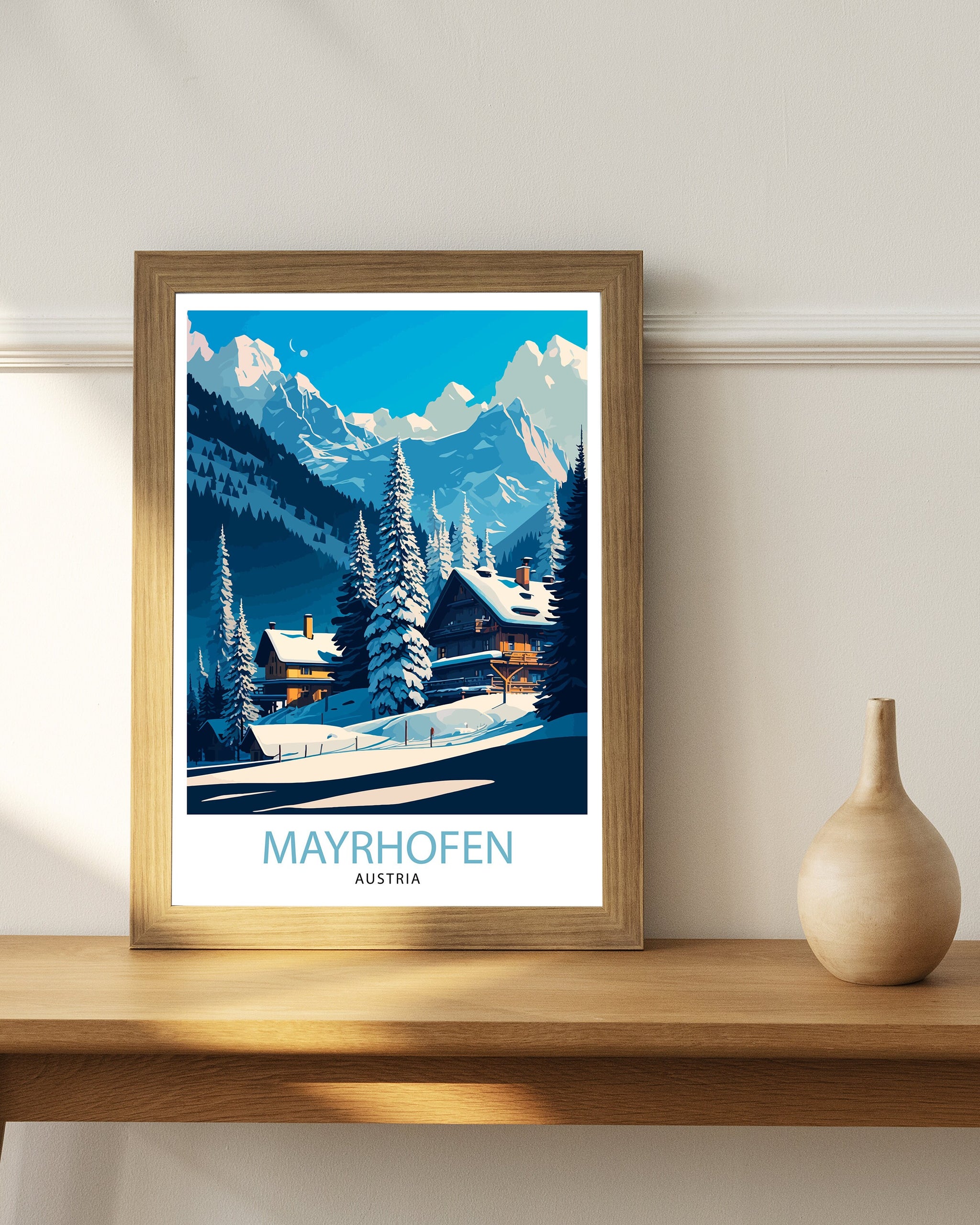 Mayrhofen Austria Travel Poster, Winter Mountain Scene