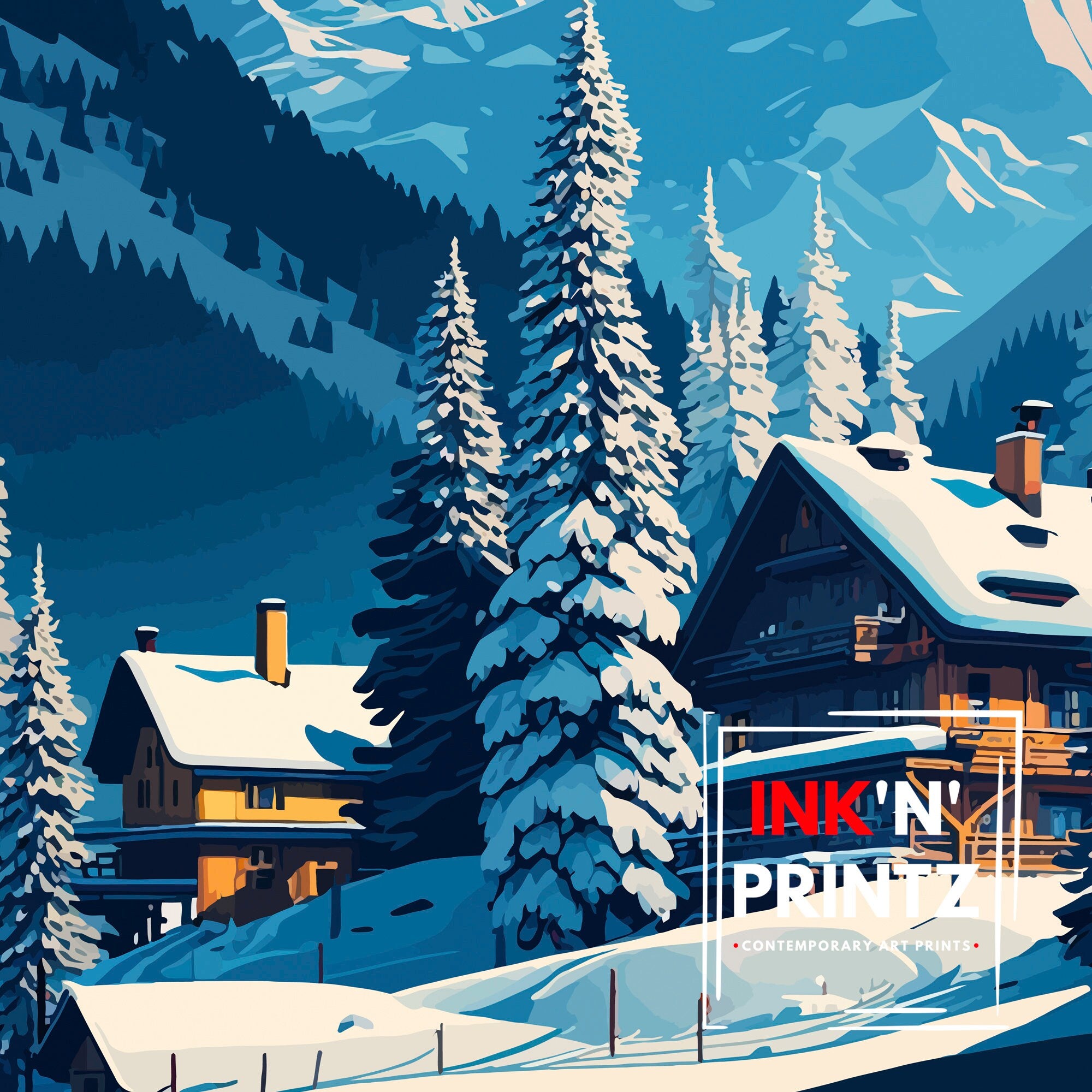 Mayrhofen Austria Travel Poster, Winter Mountain Scene