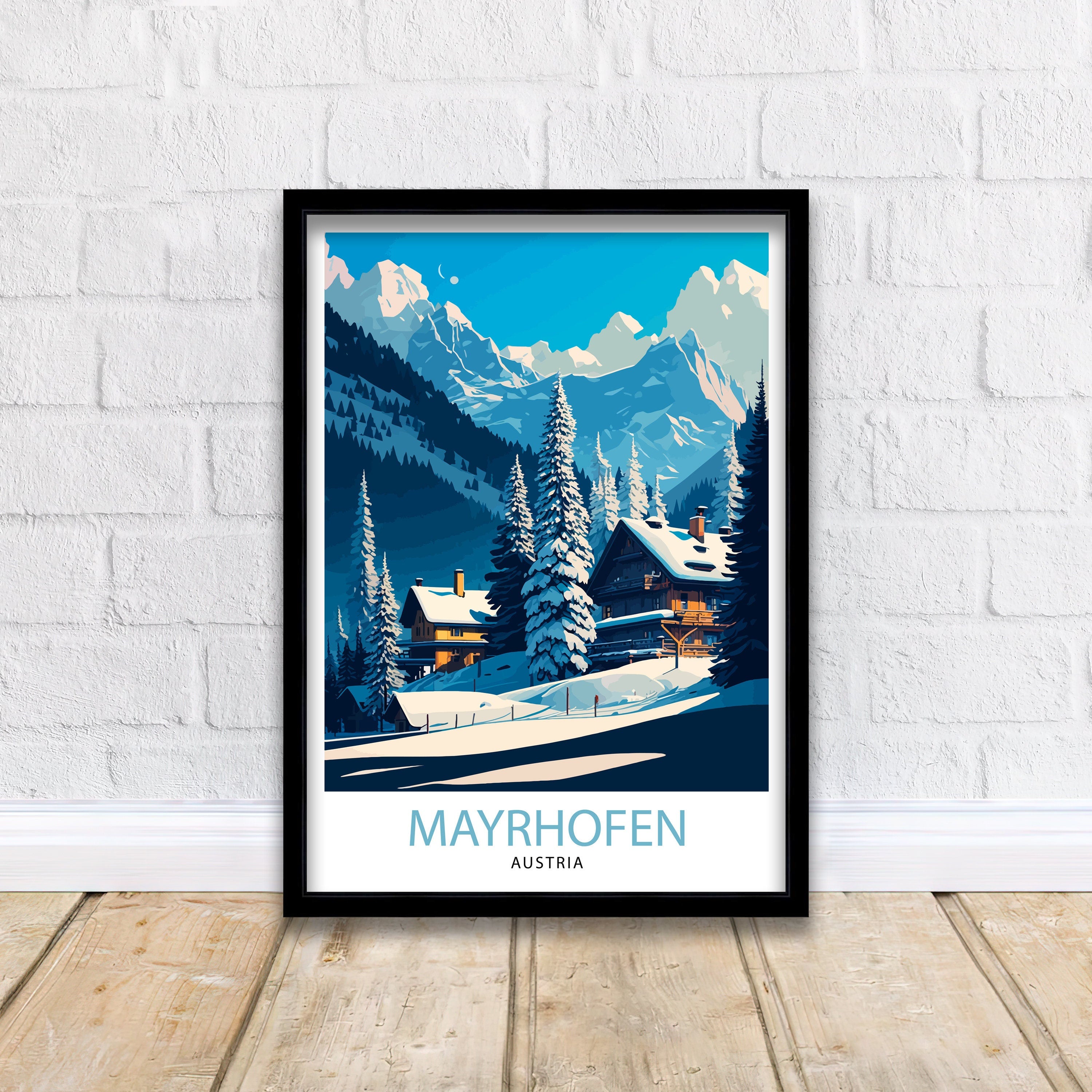 Mayrhofen Austria Travel Poster, Winter Mountain Scene
