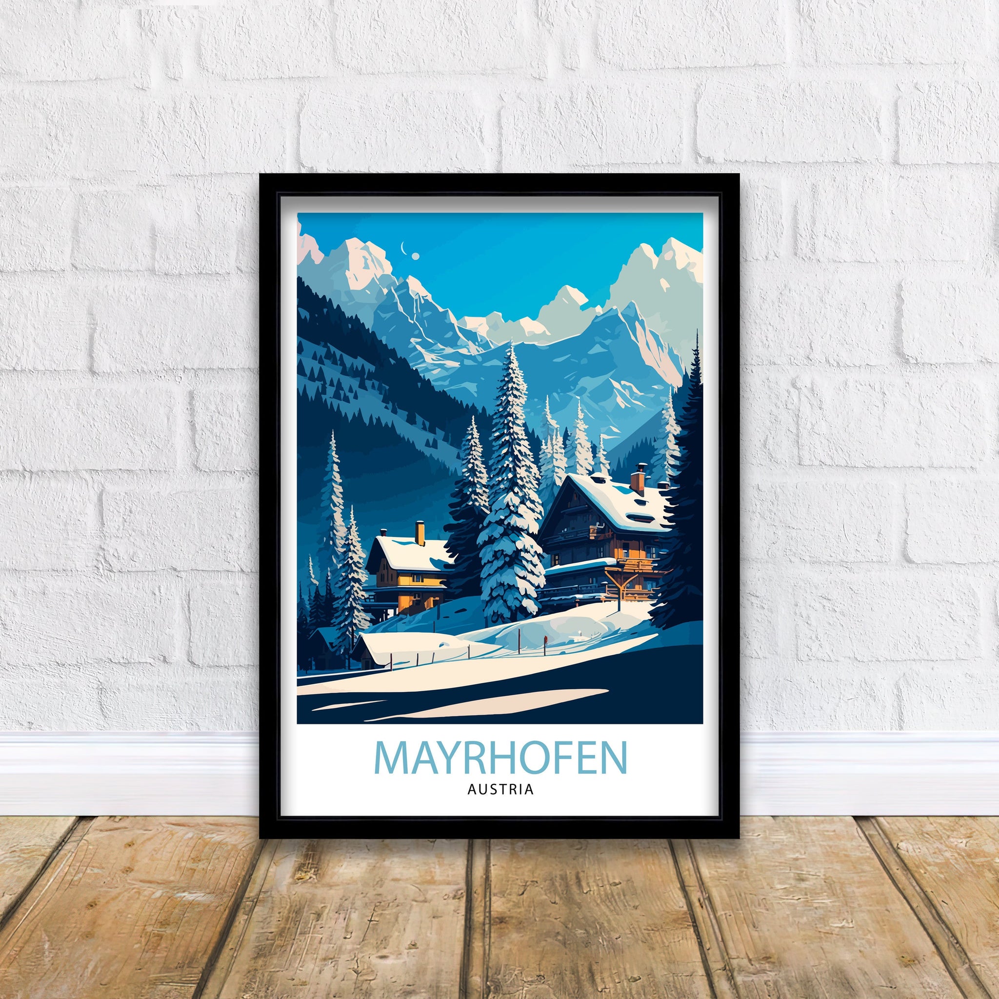Mayrhofen Austria Travel Poster, Winter Mountain Scene
