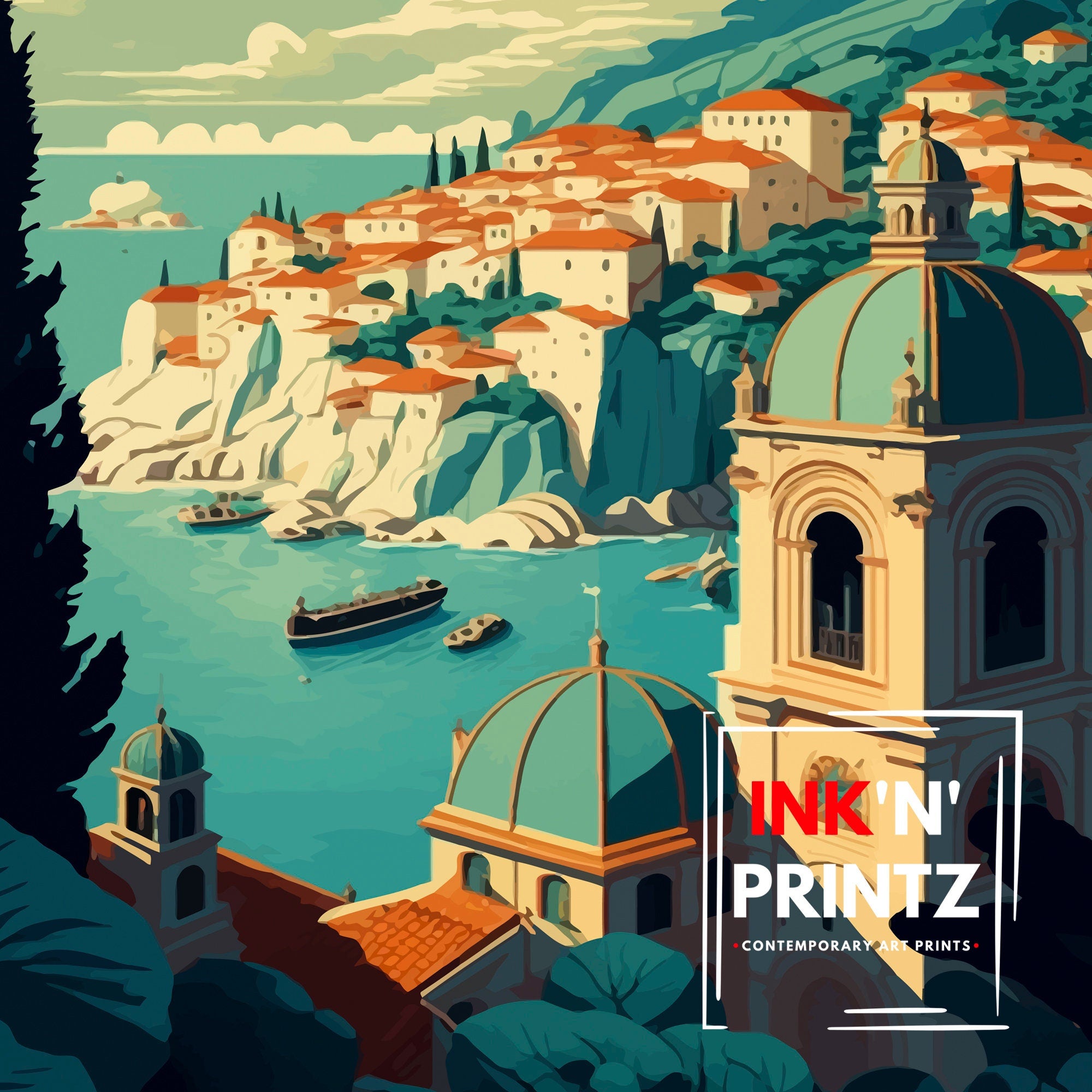 Dubrovnik Croatia Travel Poster | Coastal Illustration Art Print