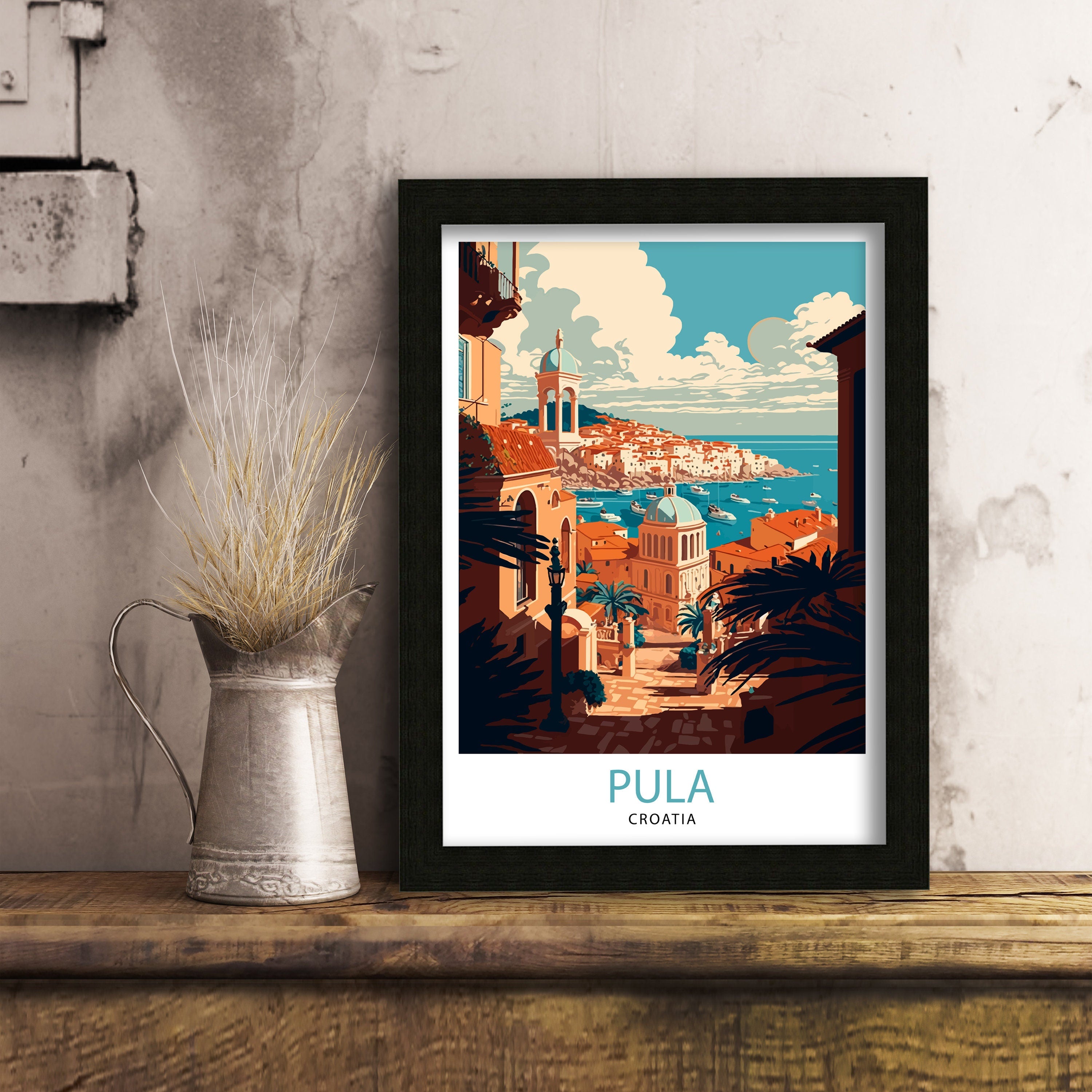 Pula Croatia Travel Poster, Coastal City Illustration Art Print