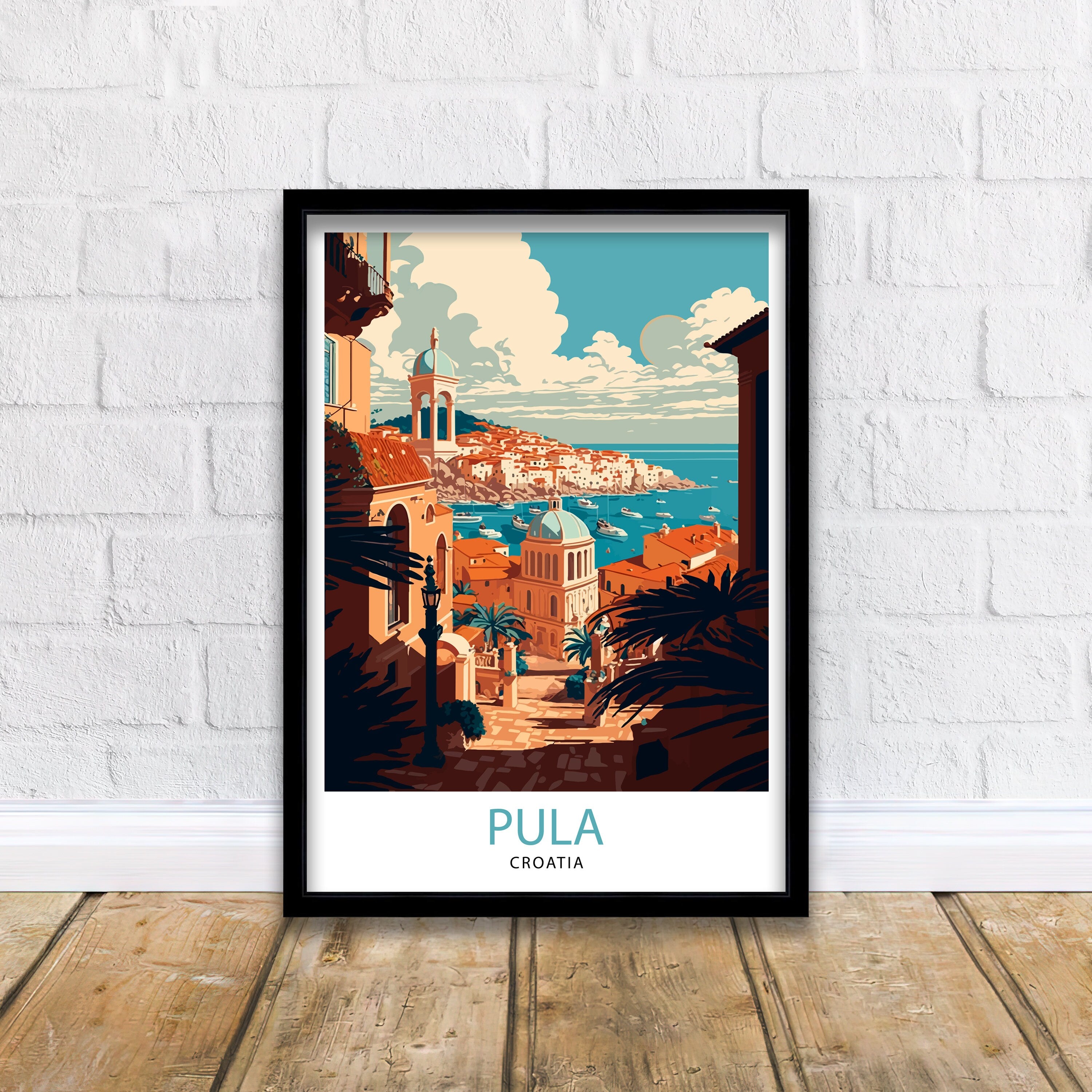 Pula Croatia Travel Poster, Coastal City Illustration Art Print