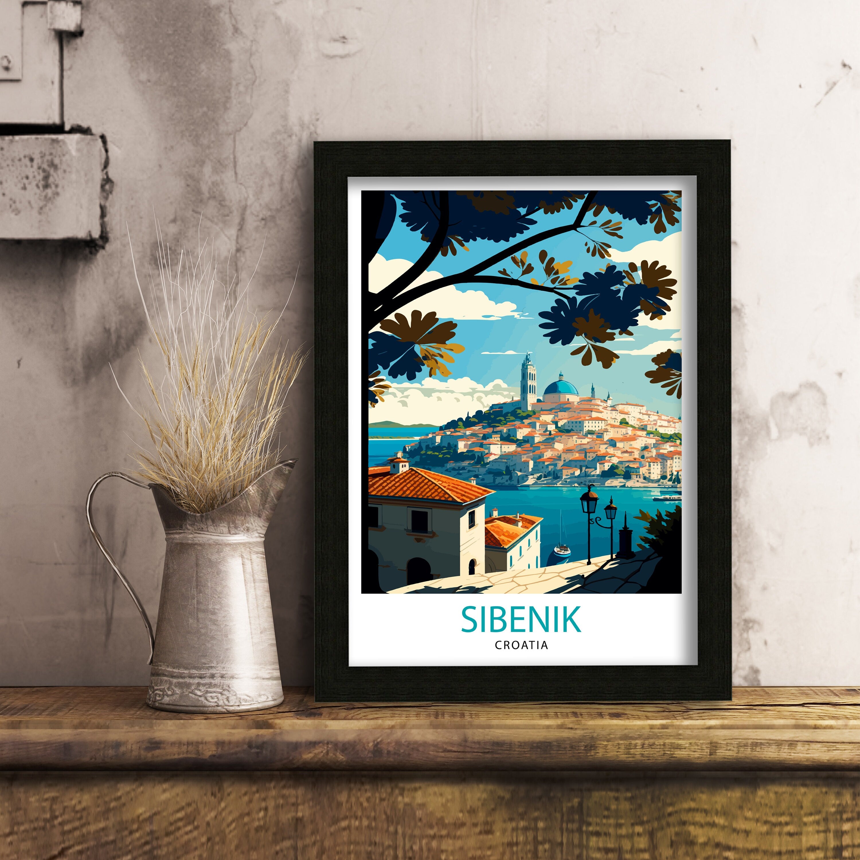 Sibenik Croatia Travel Poster, City Skyline Art Print