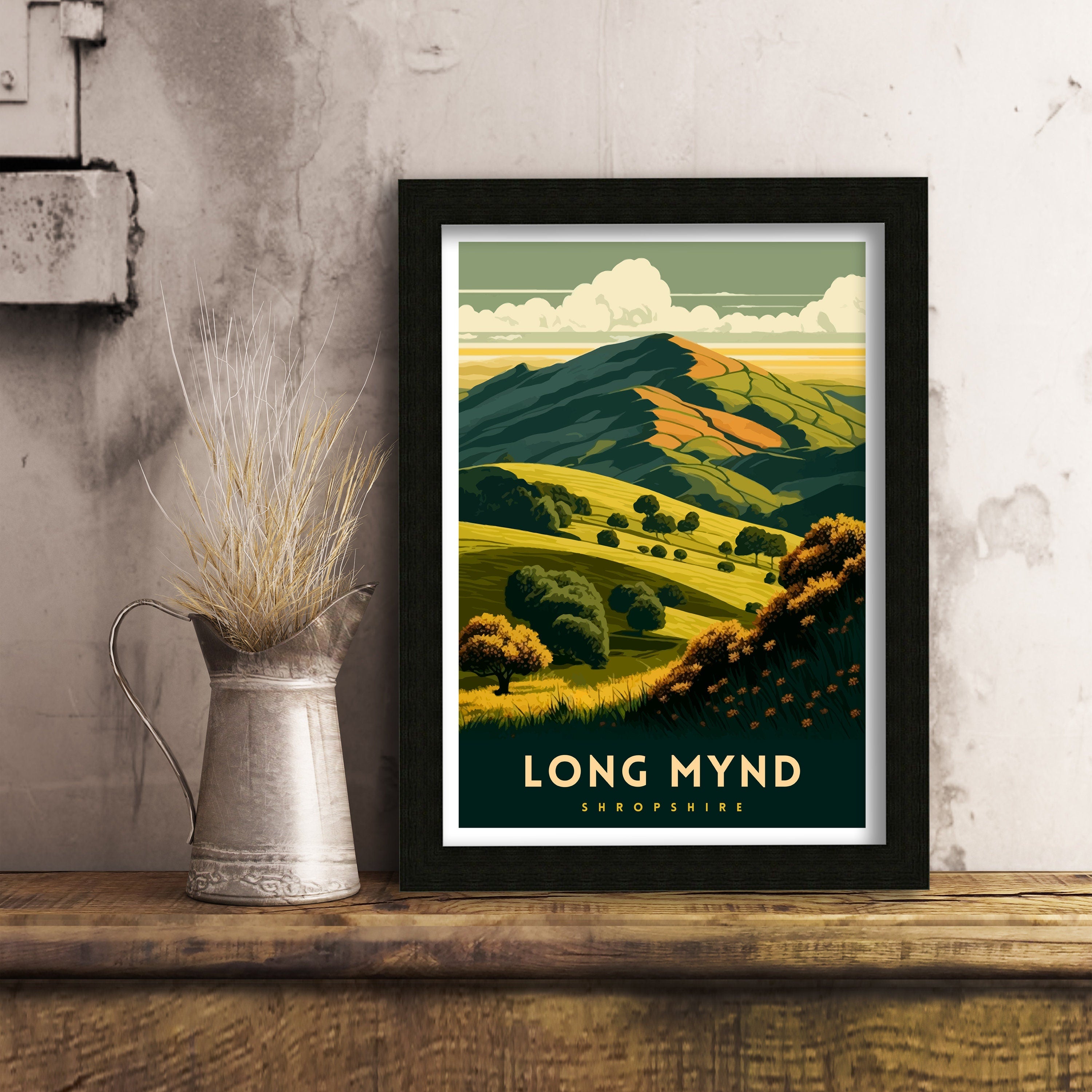 Long Mynd Shropshire Travel Poster, Hills Illustration