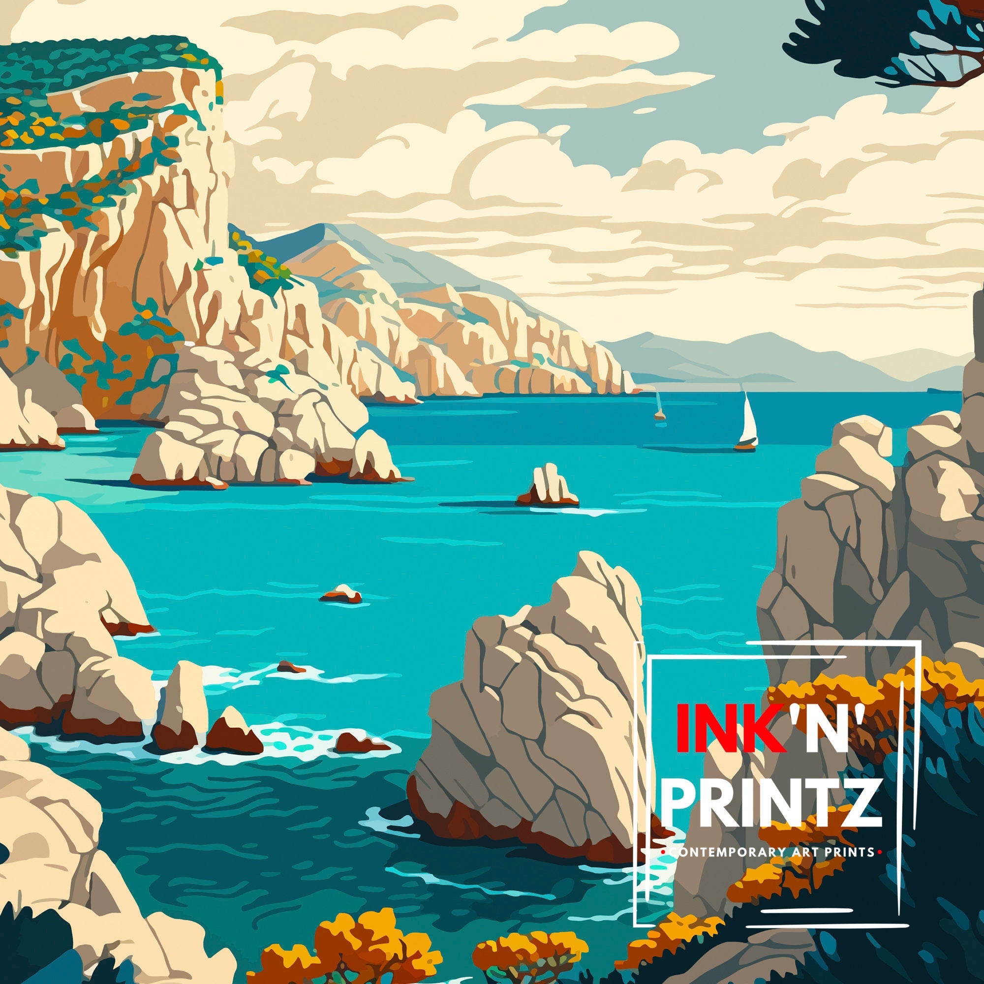 Calanques France Travel Poster, Mediterranean Coast Art Print