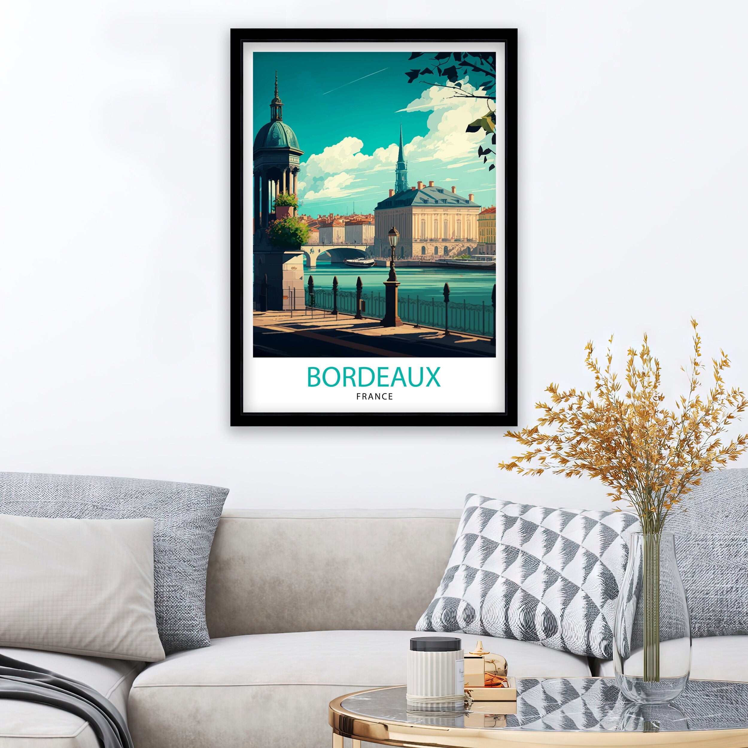 Bordeaux France Travel Poster, Cityscape Illustration