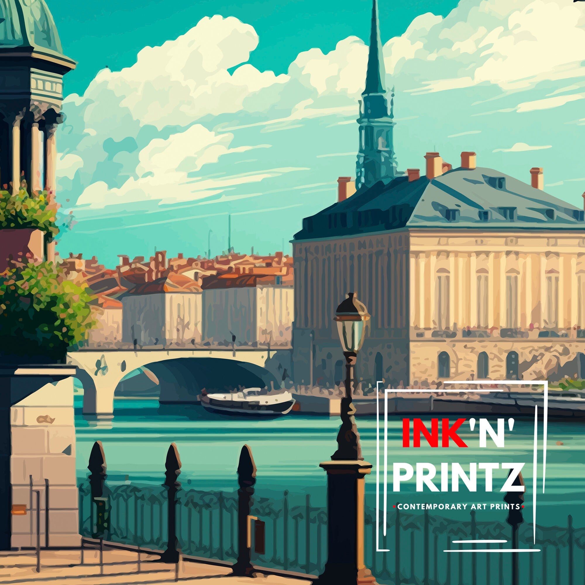 Bordeaux France Travel Poster, Cityscape Illustration