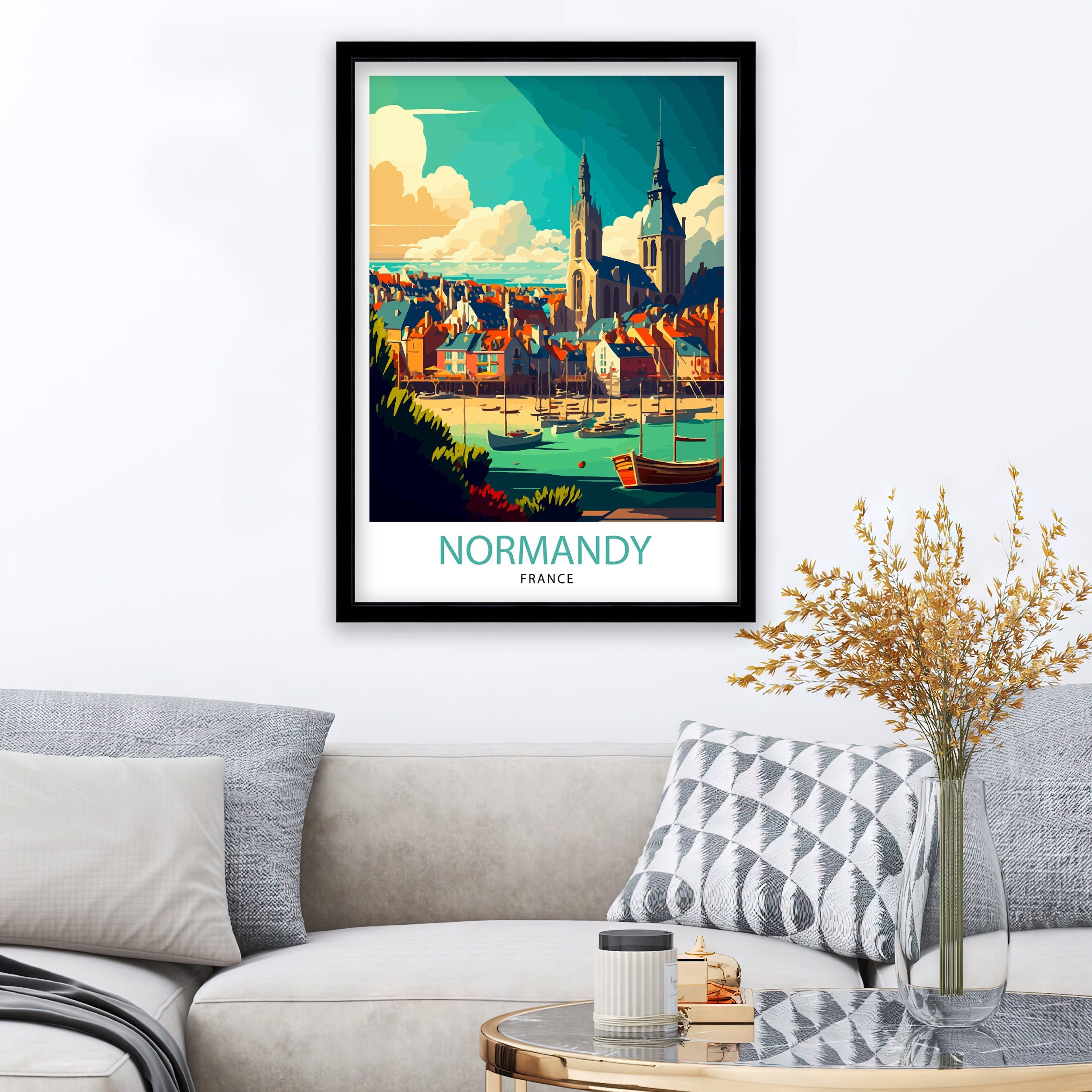 Normandy France Illustration Print, Coastal Village Art