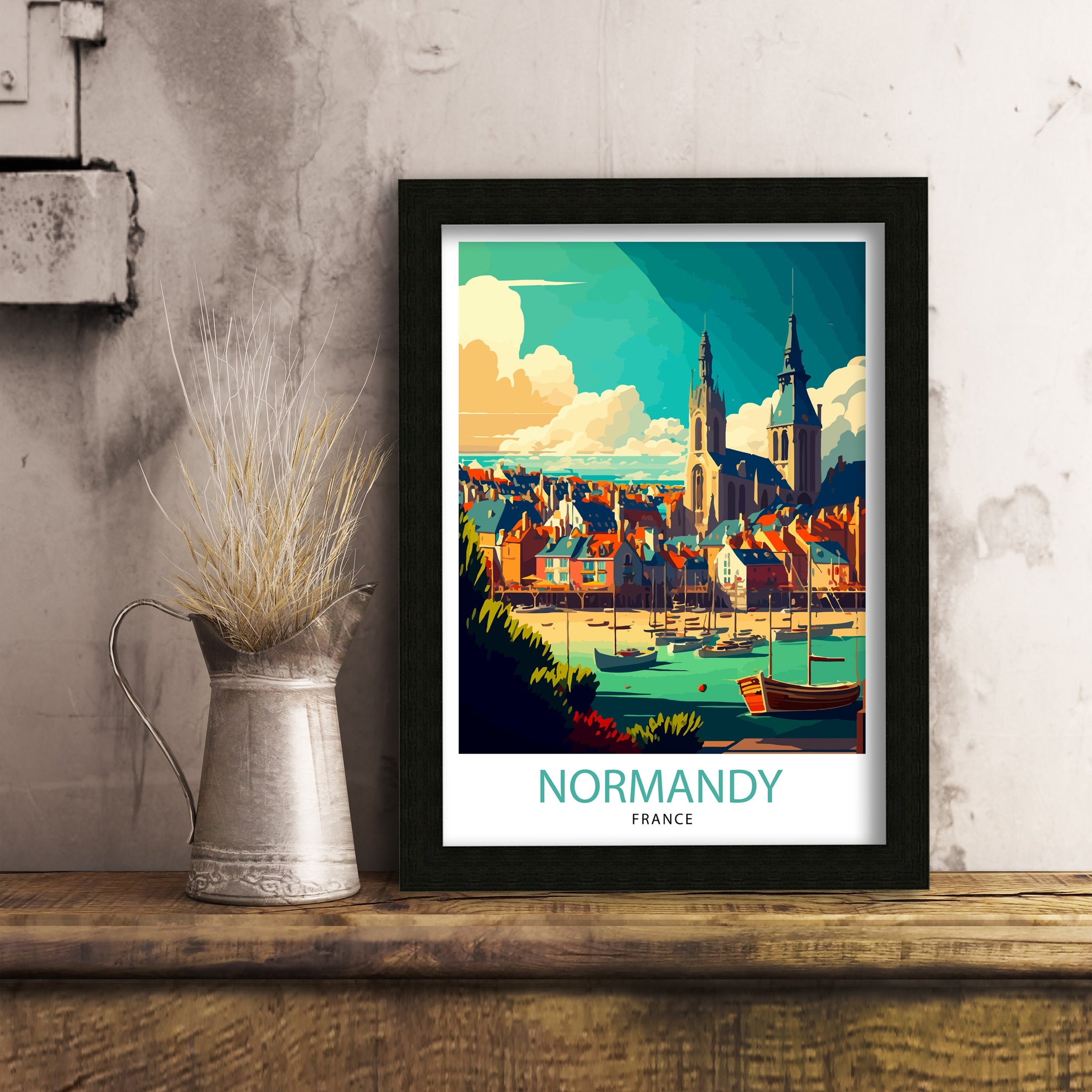 Normandy France Illustration Print, Coastal Village Art