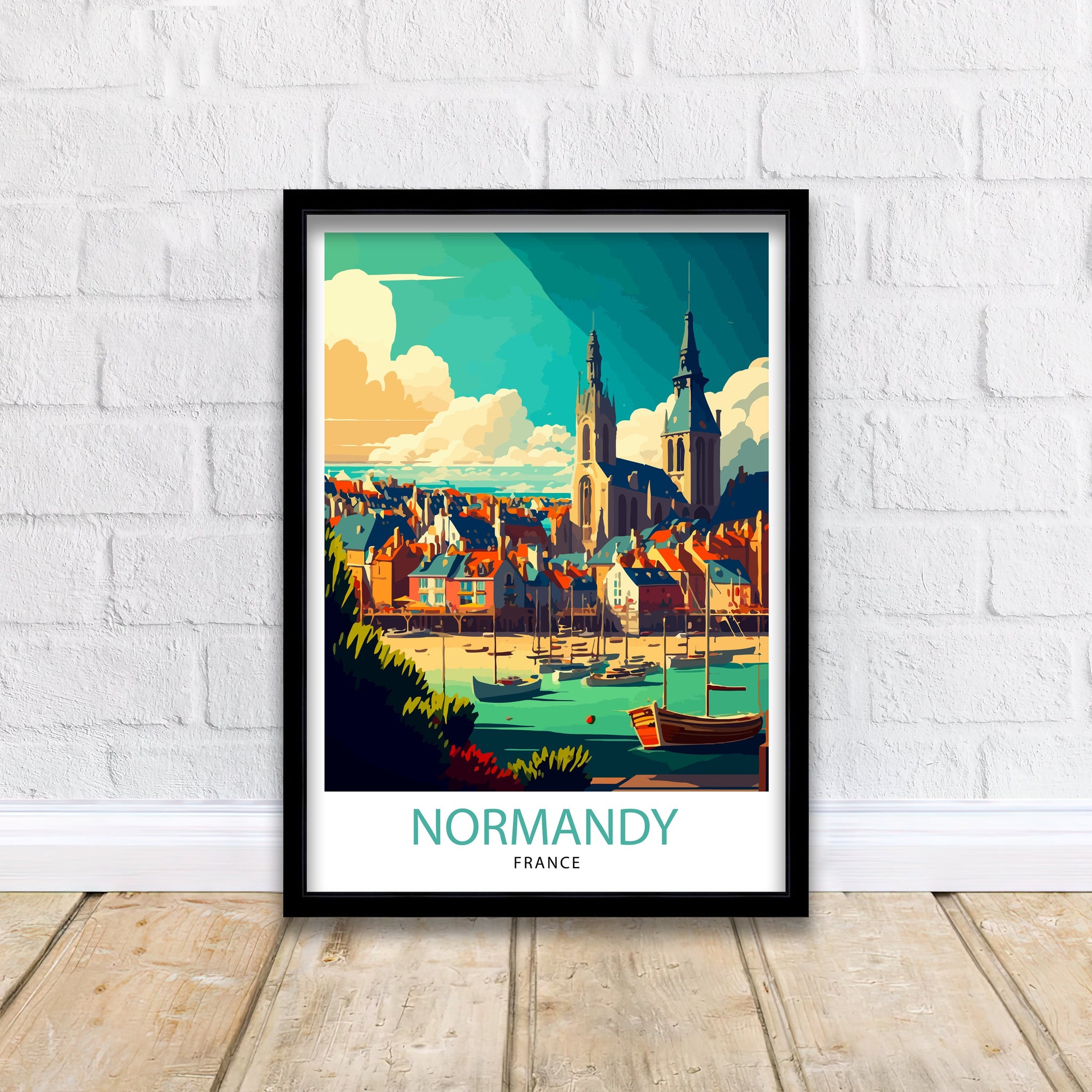 Normandy France Illustration Print, Coastal Village Art