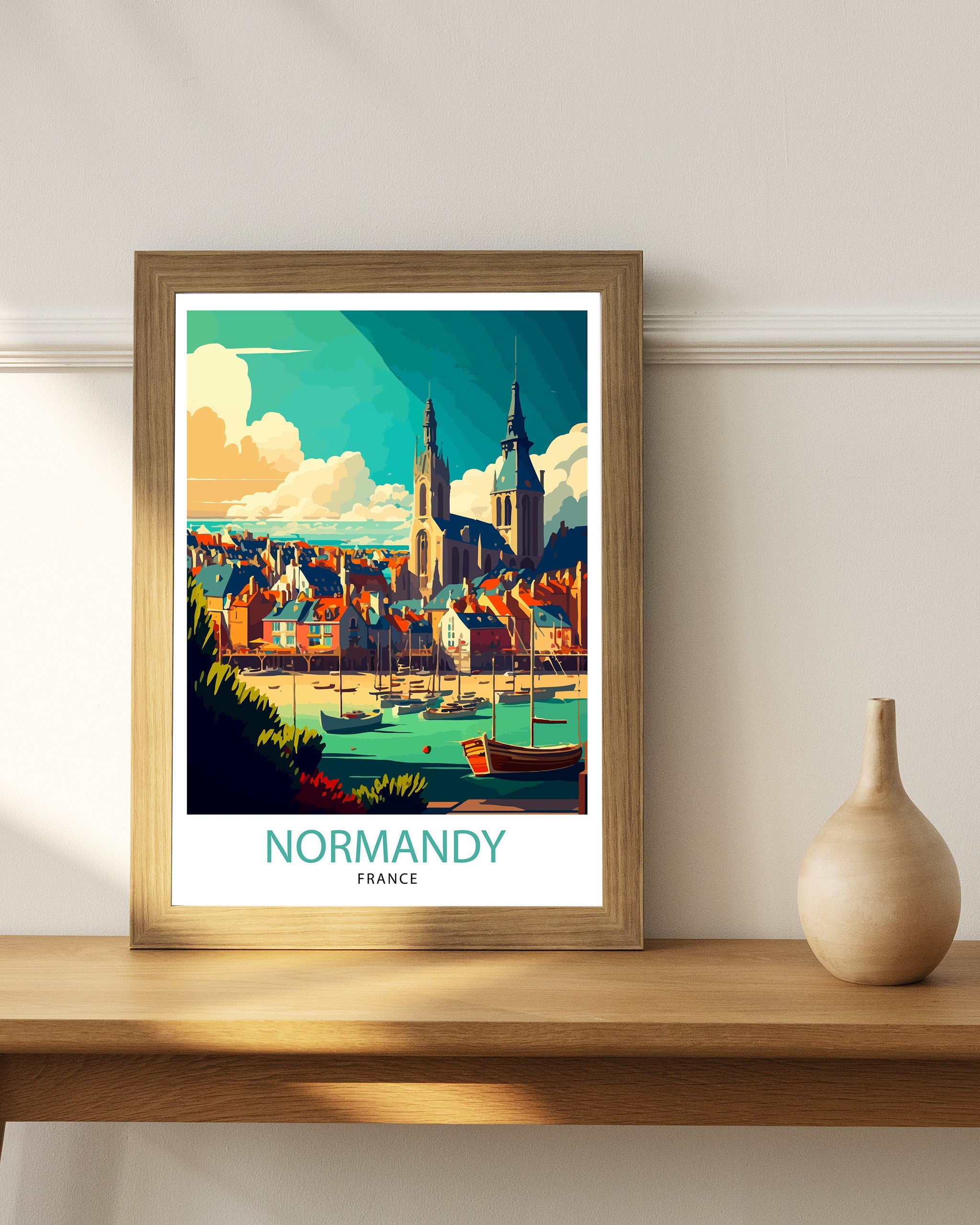 Normandy France Illustration Print, Coastal Village Art