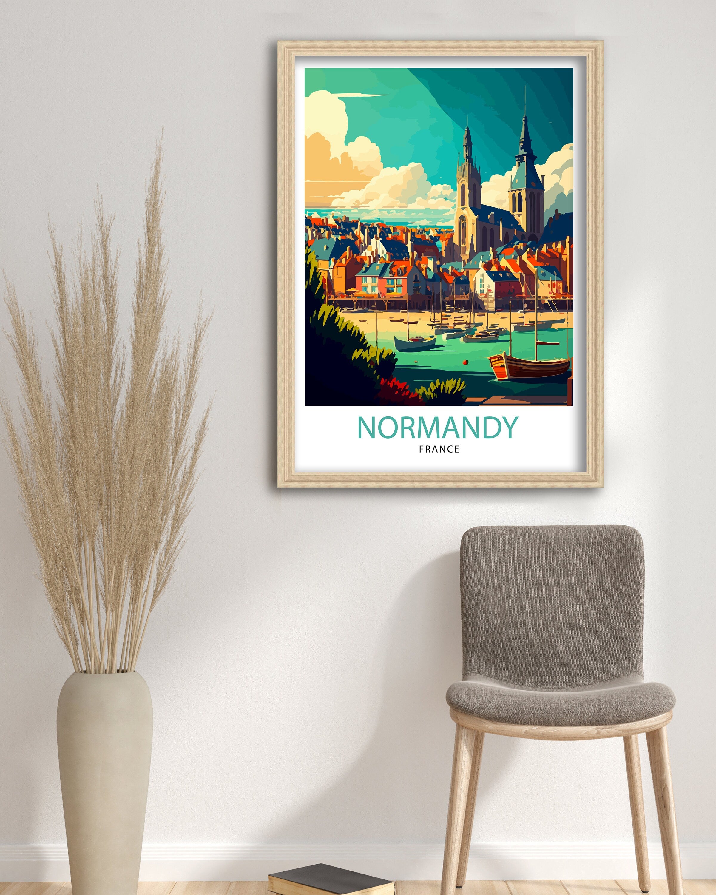 Normandy France Illustration Print, Coastal Village Art