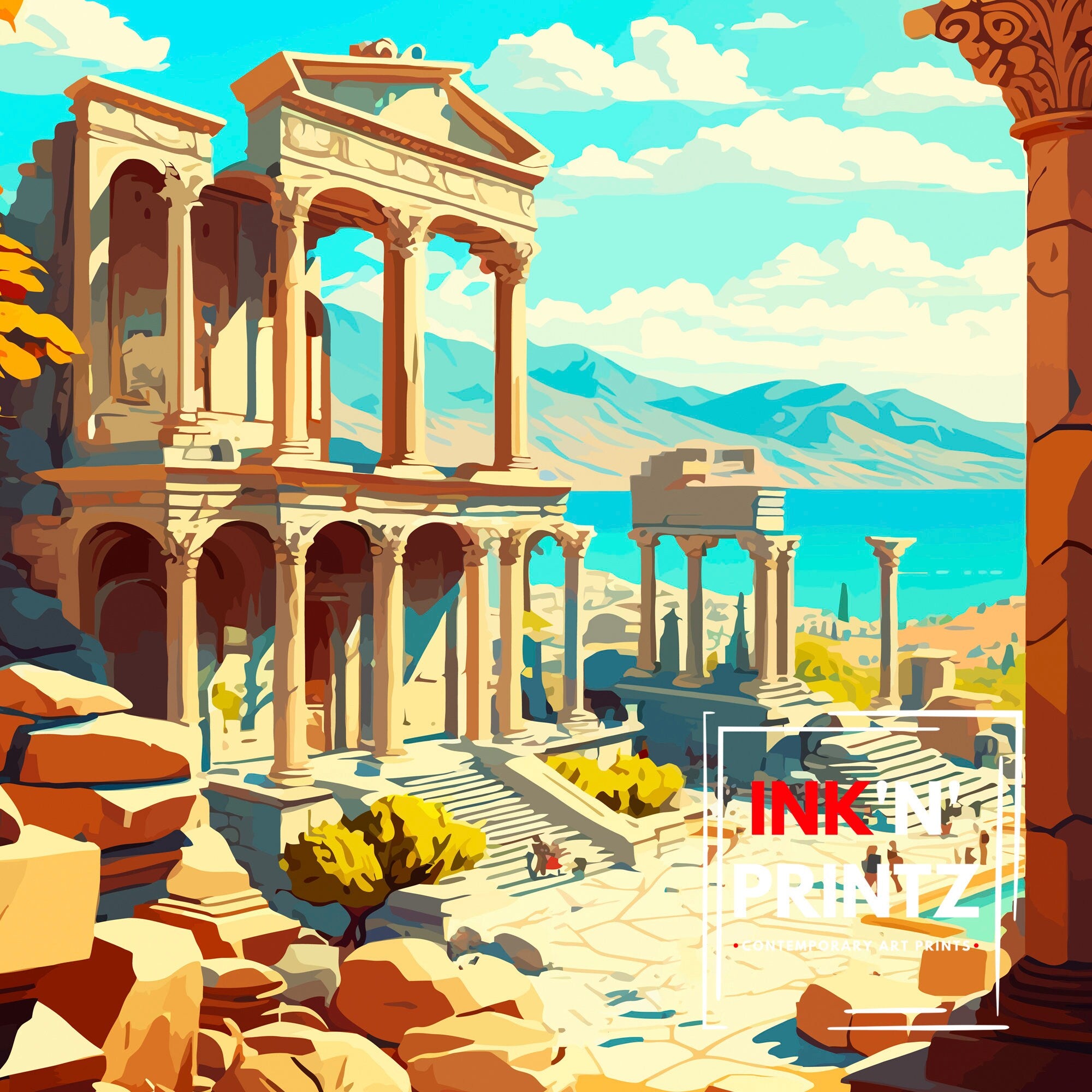Ephesus Turkey Travel Art Print, Ancient City Illustration