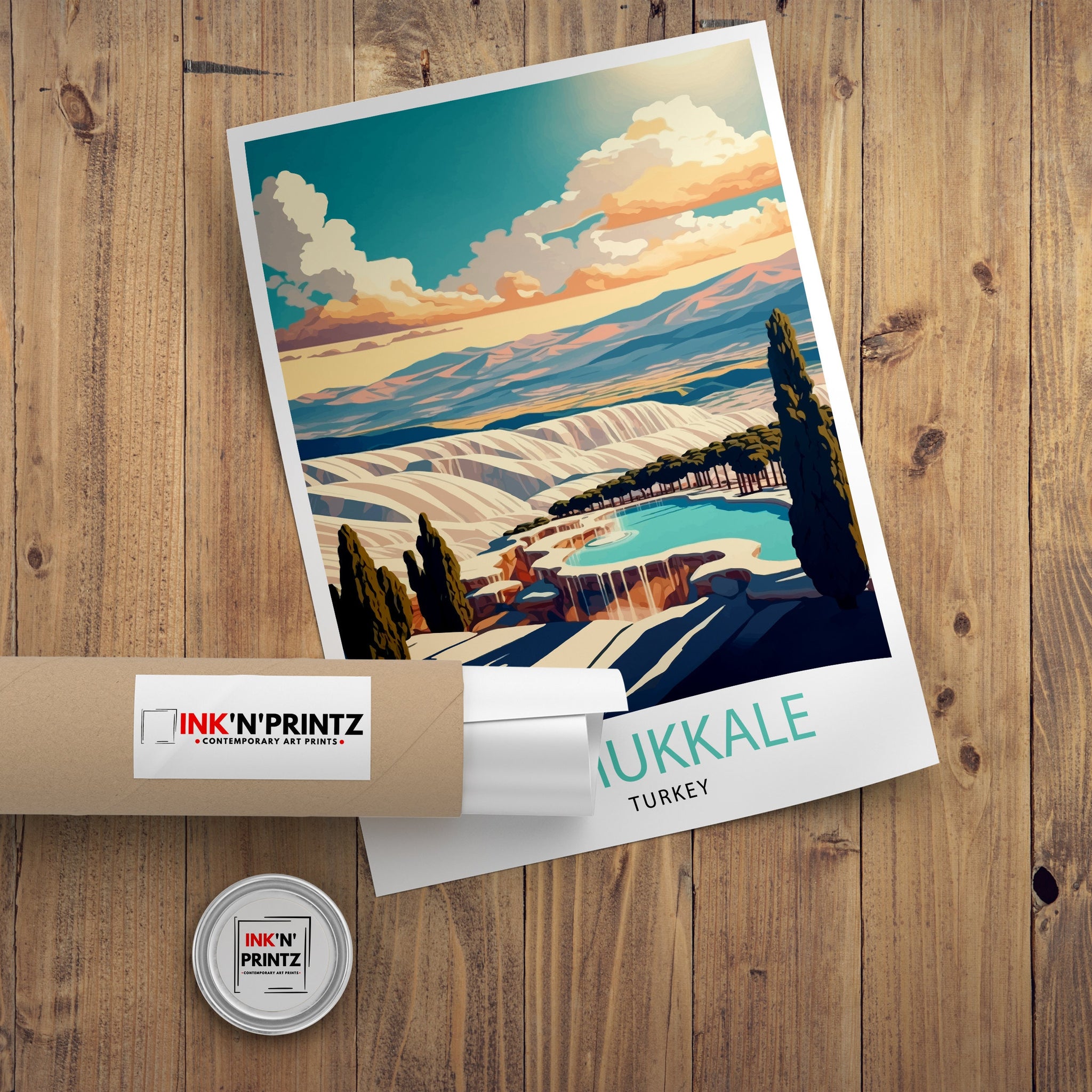 Pamukkale Turkey Travel Poster, Travertine Hot Springs Art Print