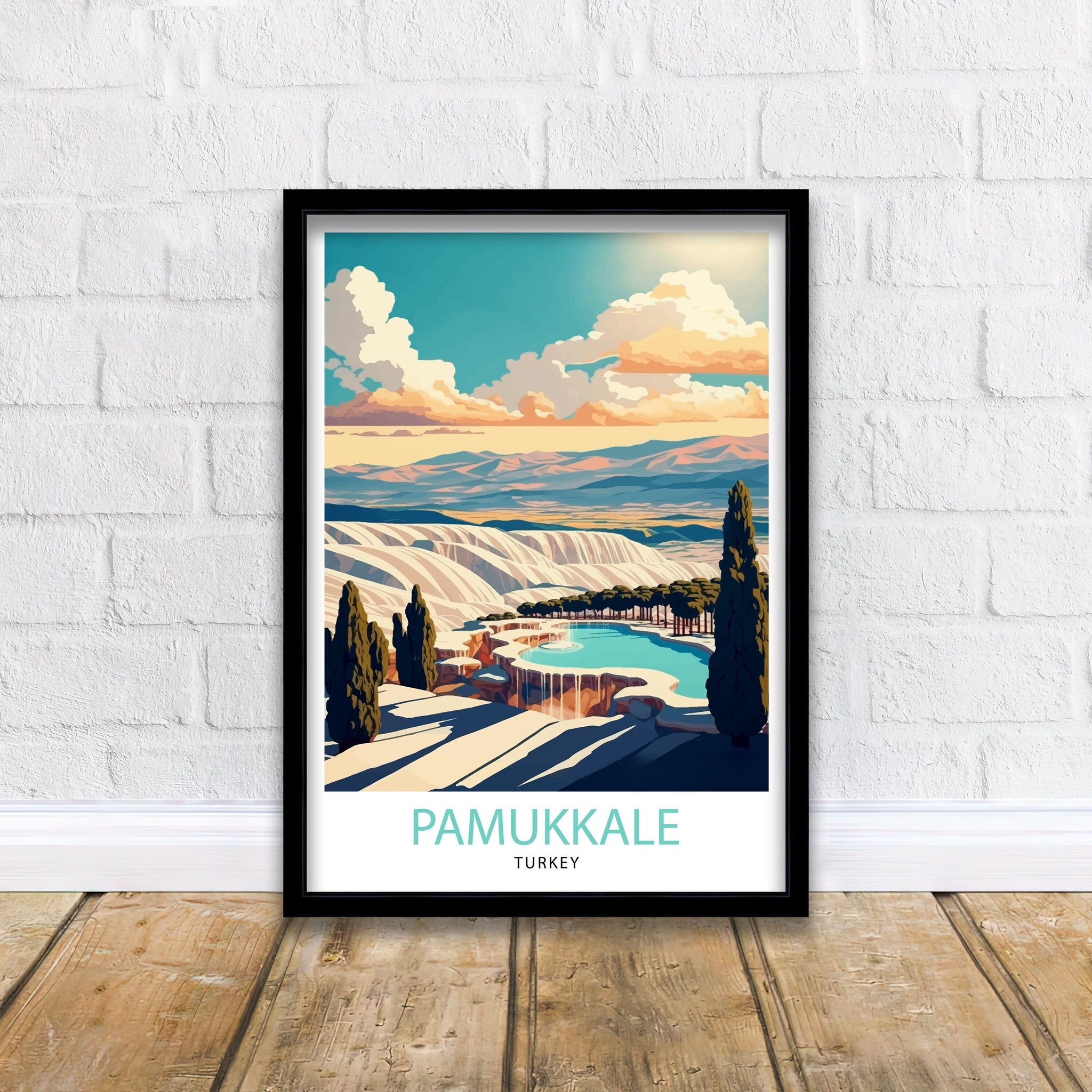 Pamukkale Turkey Travel Poster, Travertine Hot Springs Art Print