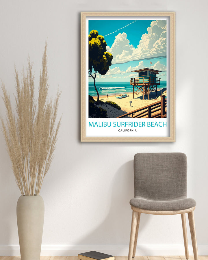 Malibu Surfrider Beach Travel Poster Malibu Surfrider Beach Wall Art California Travel Poster Malibu Surfrider Beach Illustration