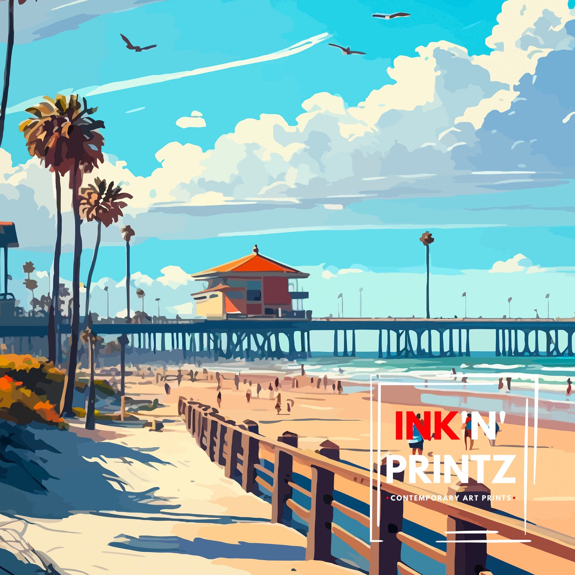 Huntington Beach Pier Art Print | California Travel Poster
