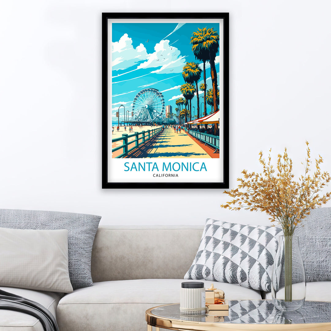 Santa Monica Beach Travel Poster California Wall Art Beach Decor Santa Monica Pier Travel Poster Gift for Beach Lovers