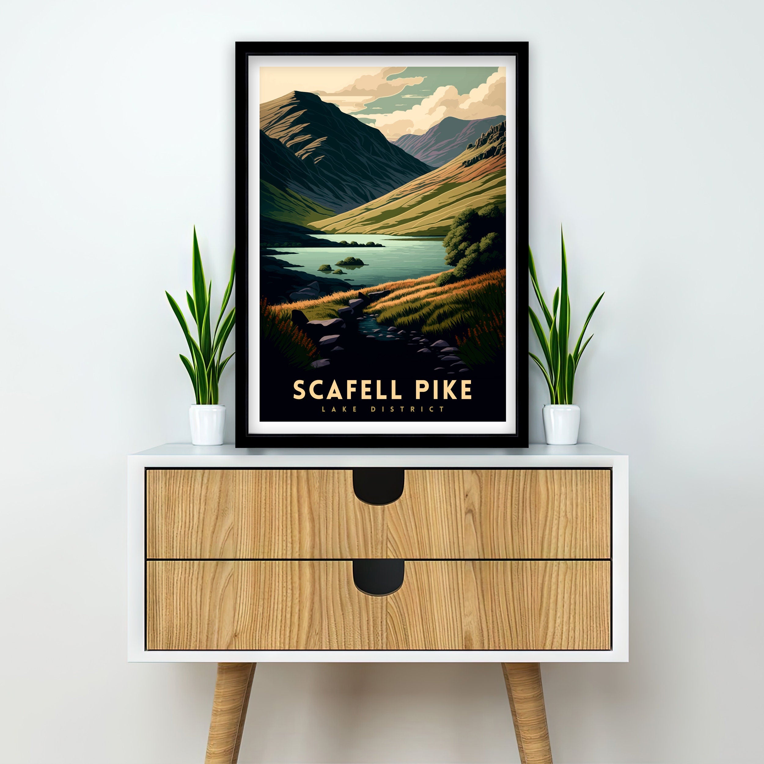 Scafell Pike Travel Print, Lake District Mountain Illustration