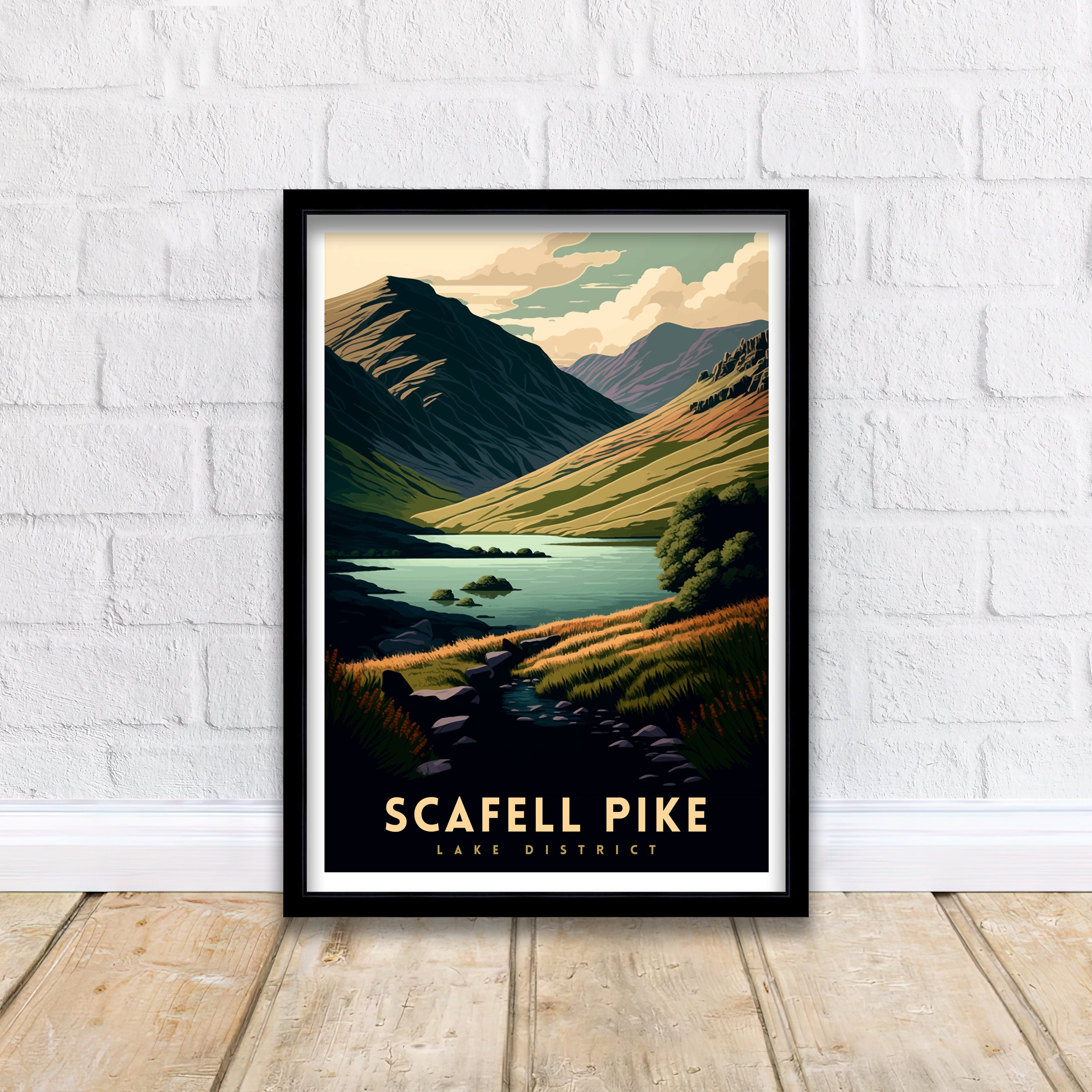 Scafell Pike Travel Print, Lake District Mountain Illustration
