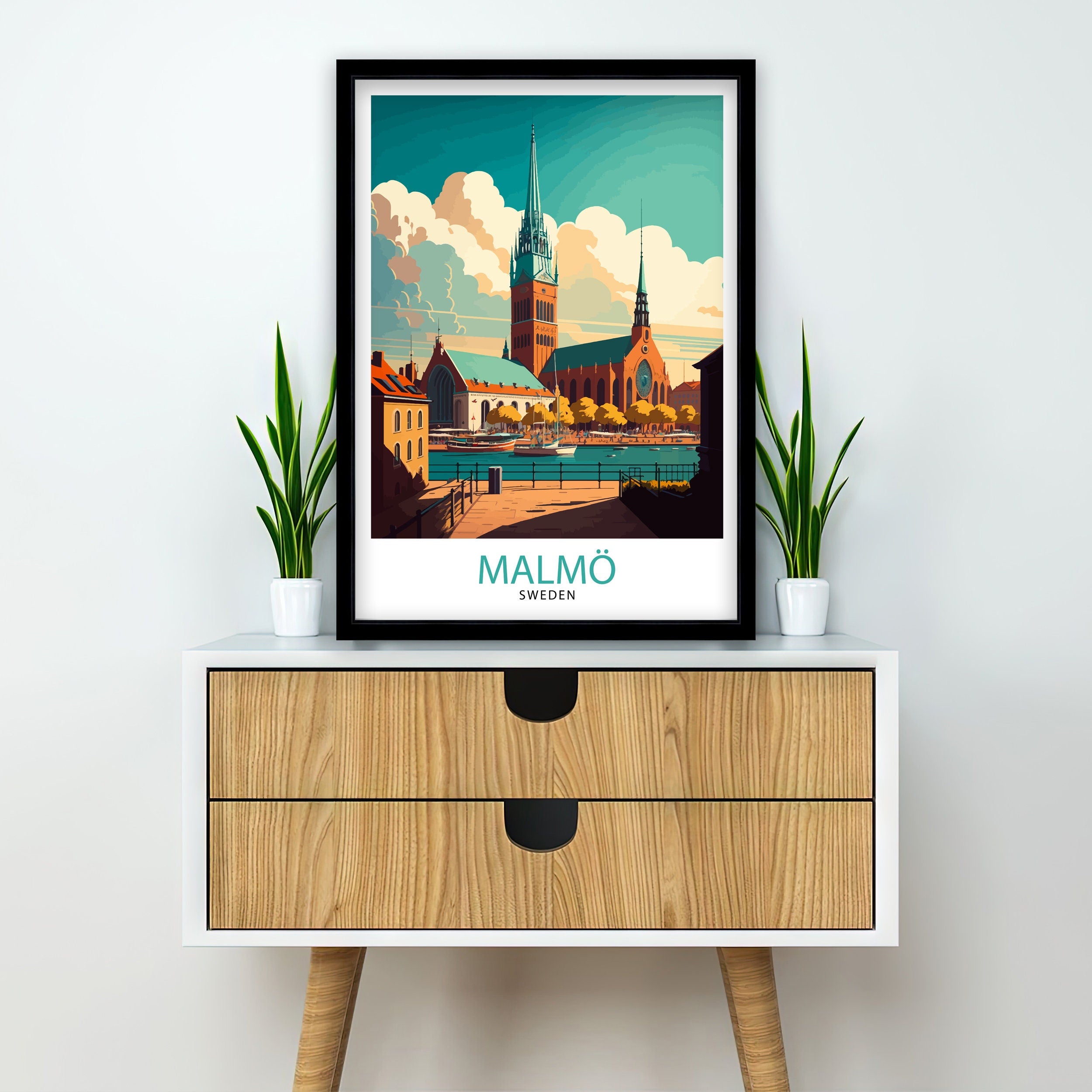 Malmö Sweden Travel Poster, Colorful City Illustration
