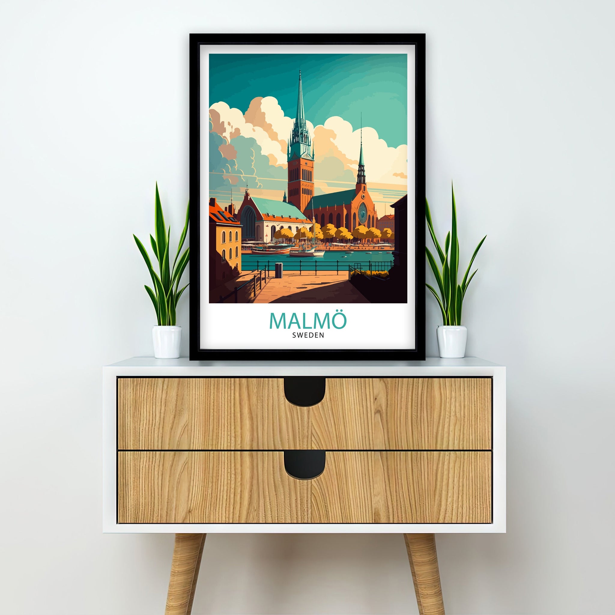 Malmö Sweden Travel Poster, Colorful City Illustration