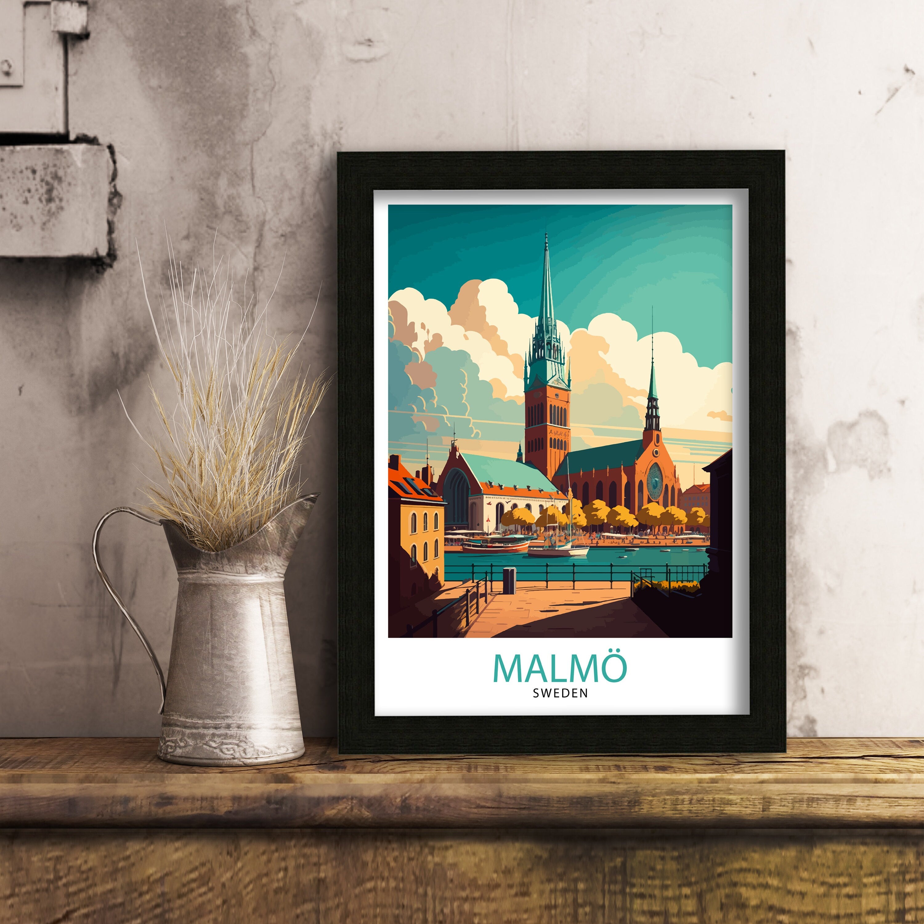 Malmö Sweden Travel Poster, Colorful City Illustration