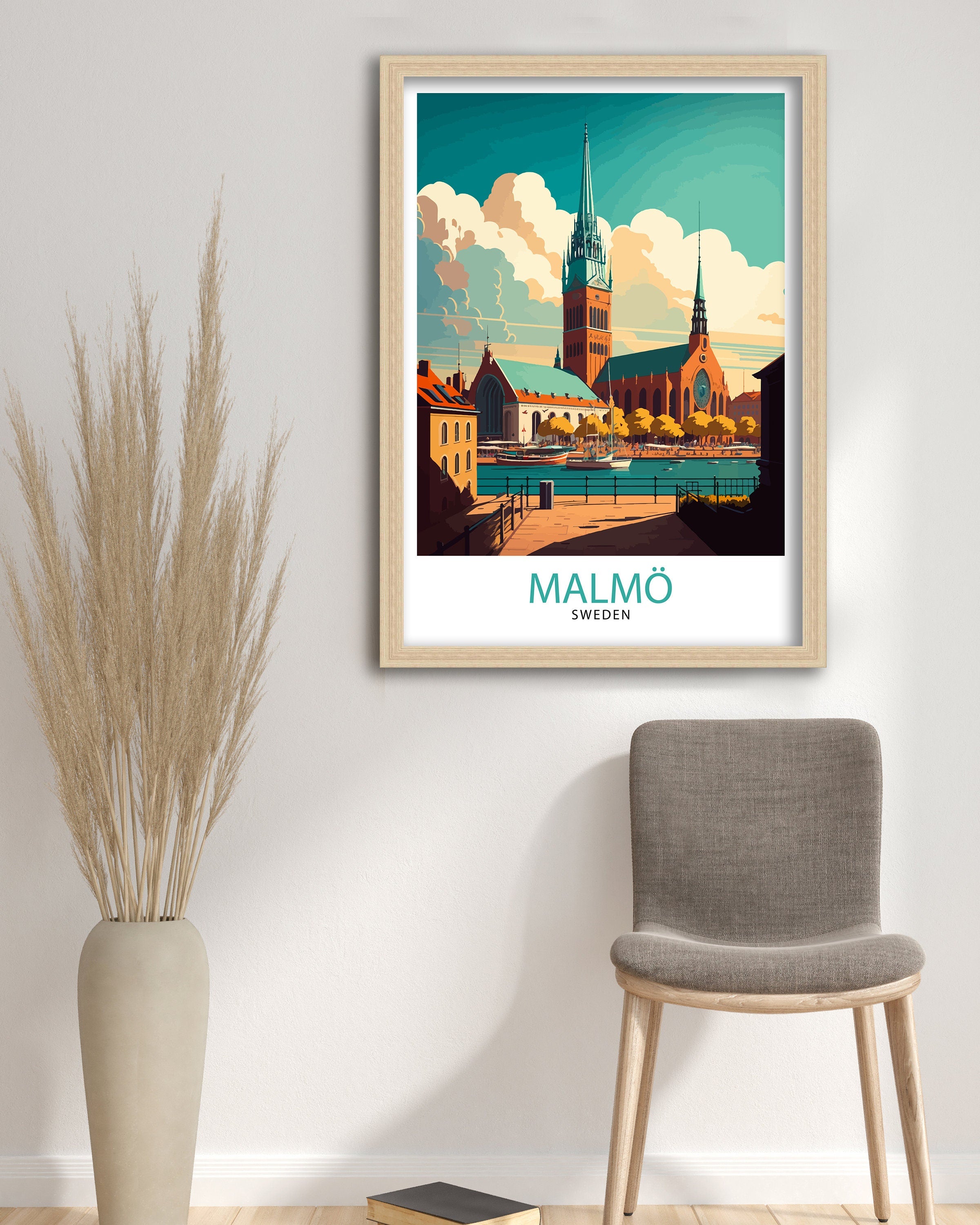 Malmö Sweden Travel Poster, Colorful City Illustration