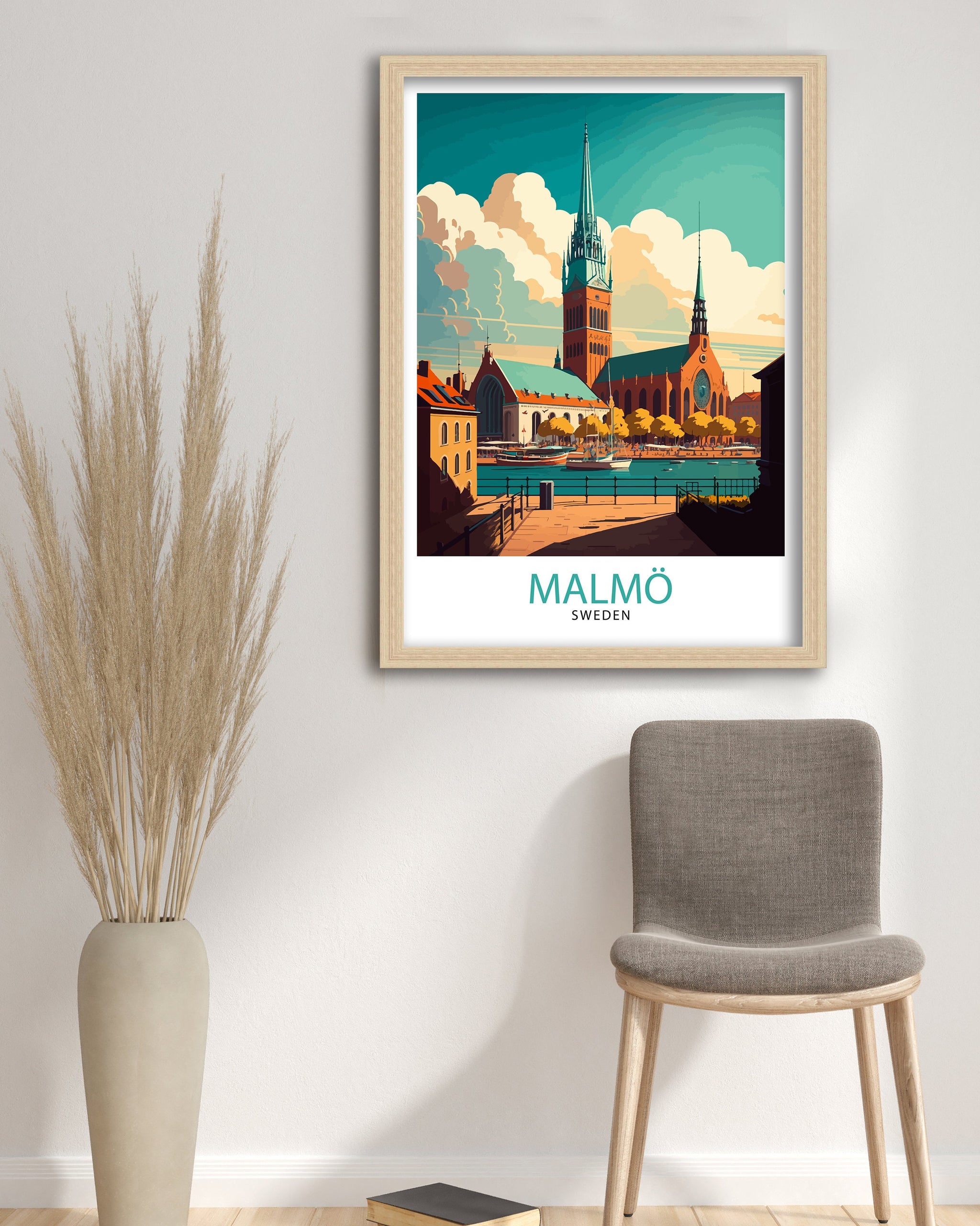 Malmö Sweden Travel Poster, Colorful City Illustration