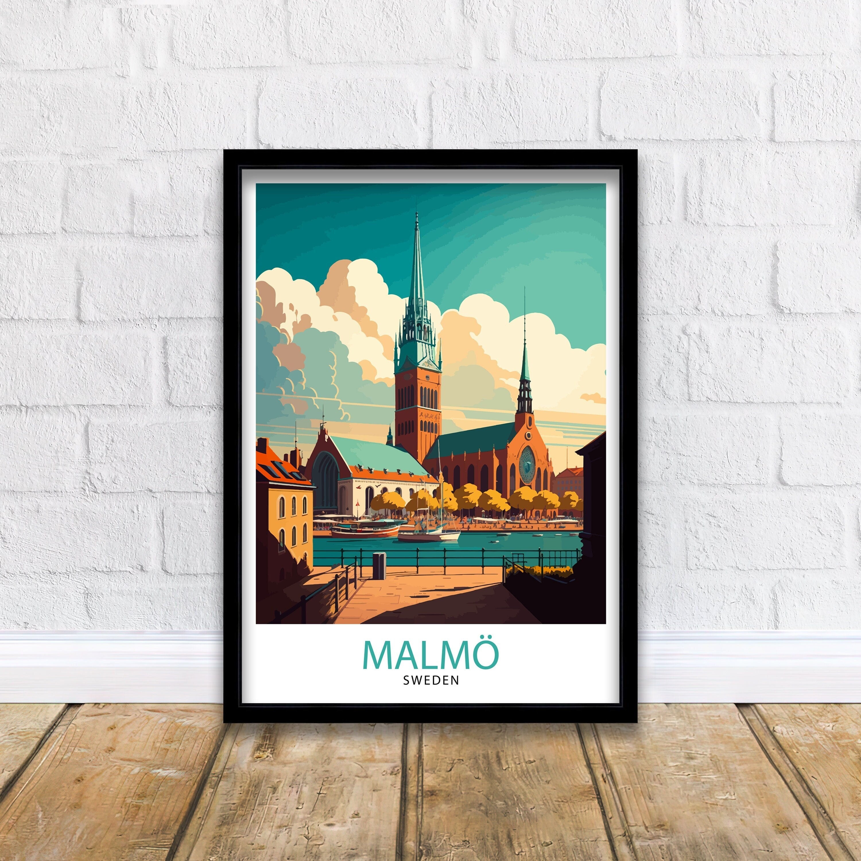 Malmö Sweden Travel Poster, Colorful City Illustration