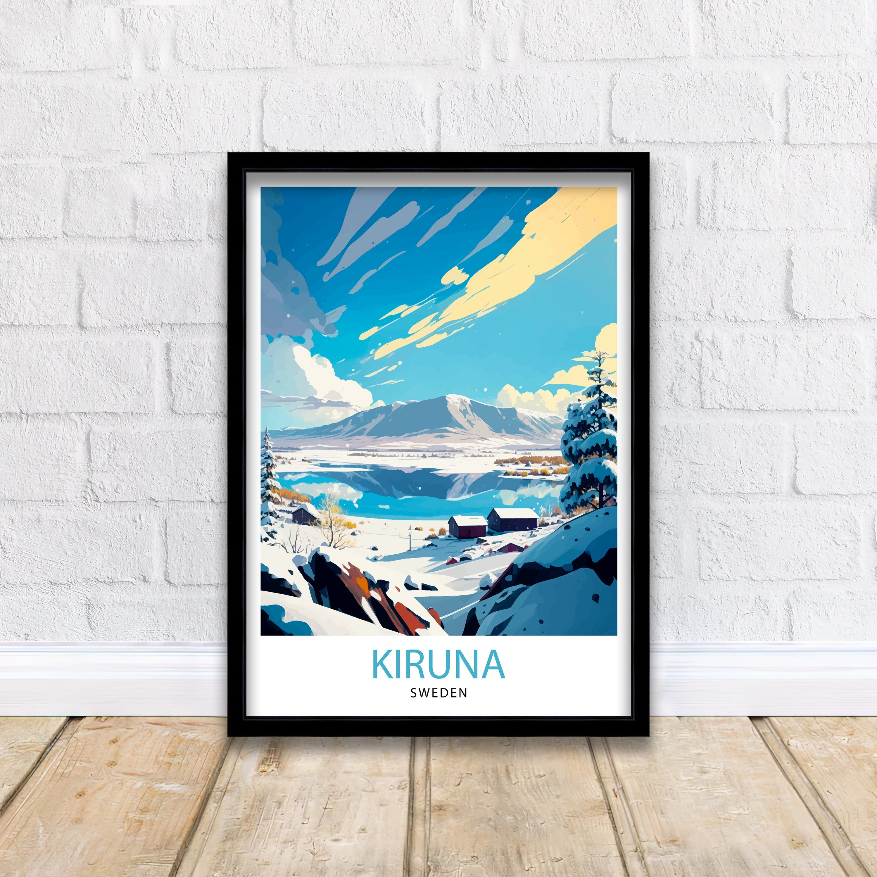 Kiruna Sweden Travel Poster, Illustrated Winter Scene