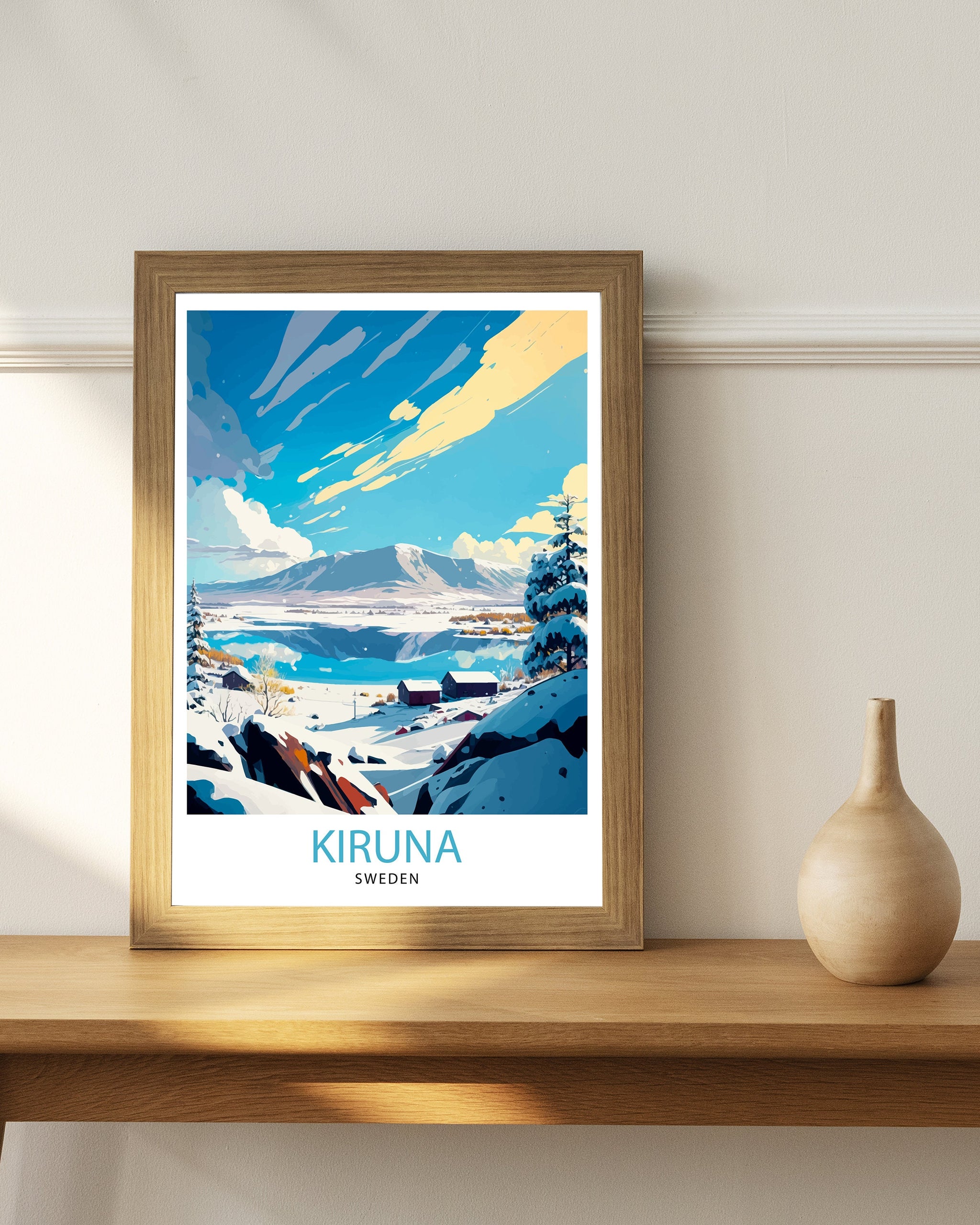 Kiruna Sweden Travel Poster, Illustrated Winter Scene