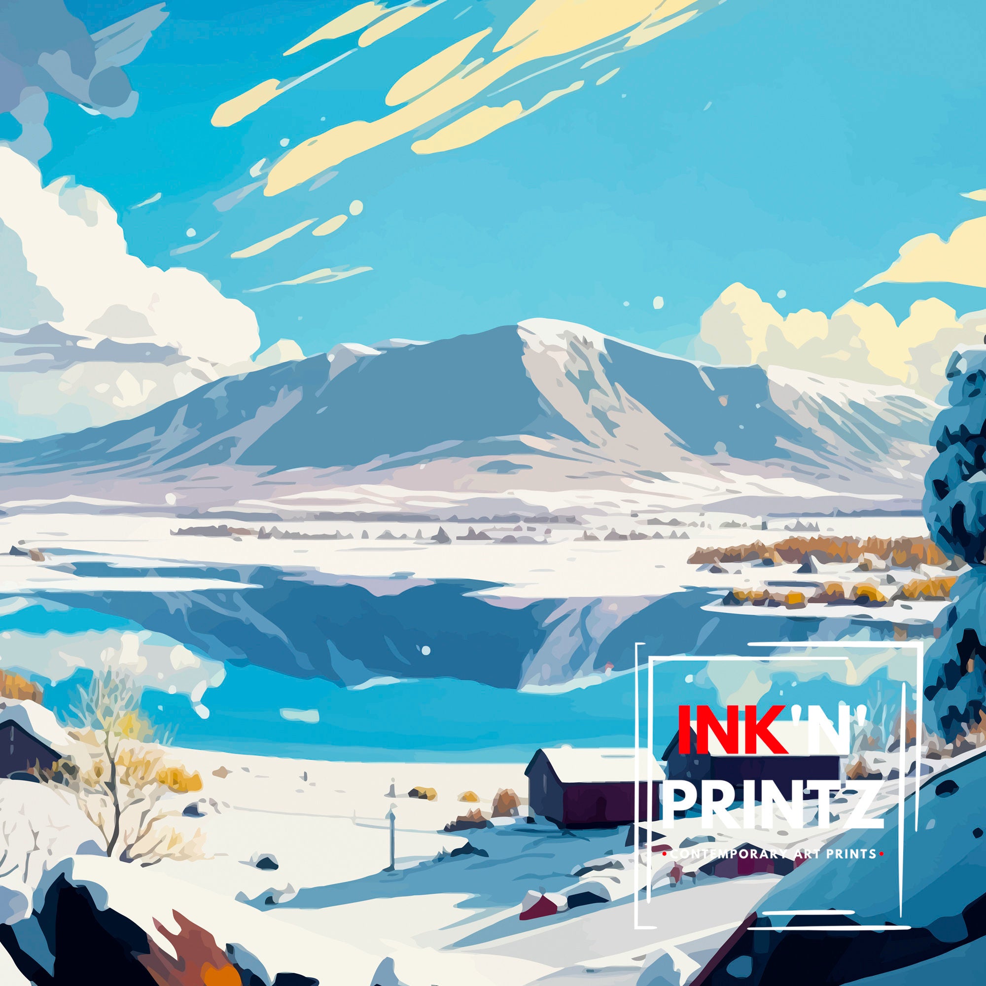 Kiruna Sweden Travel Poster, Illustrated Winter Scene