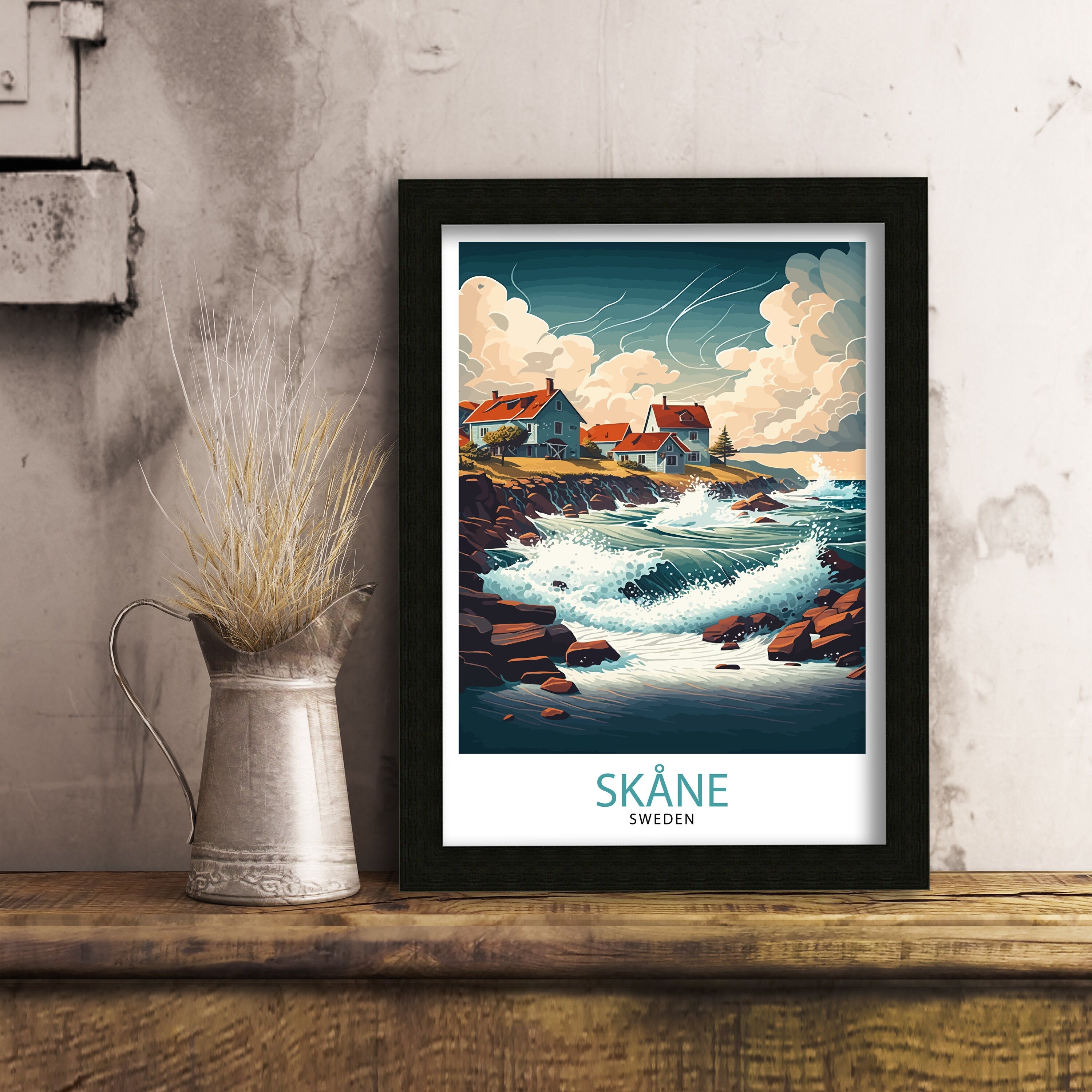 Skane Sweden Travel Poster, Coastal Illustration Art Print