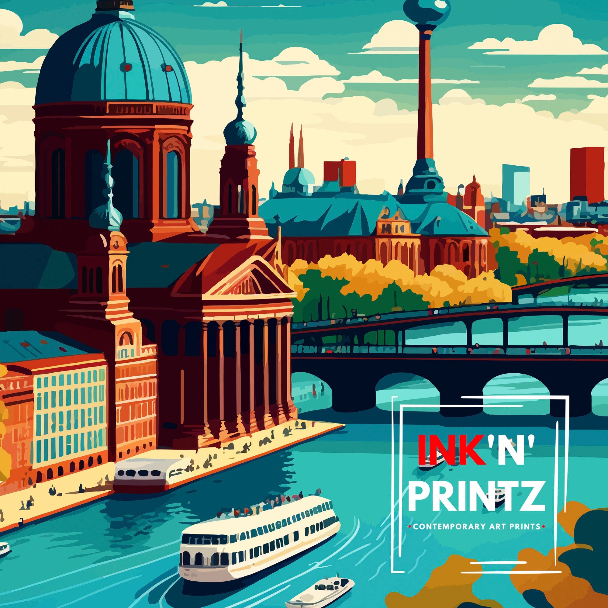 Berlin Germany Travel Poster, Cityscape Illustration