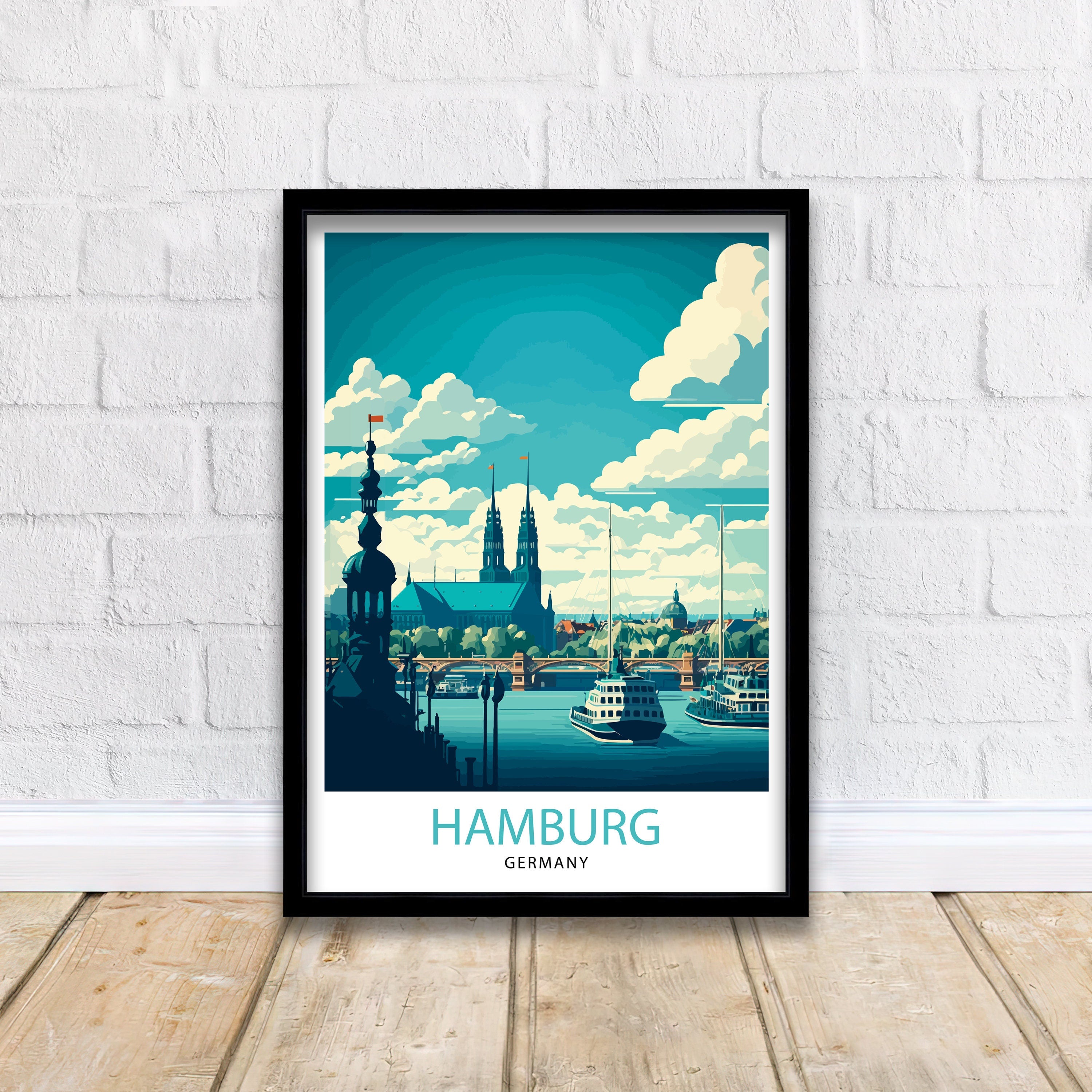 Hamburg Germany Travel Poster: Elbphilharmonie & St. Michaelis Church