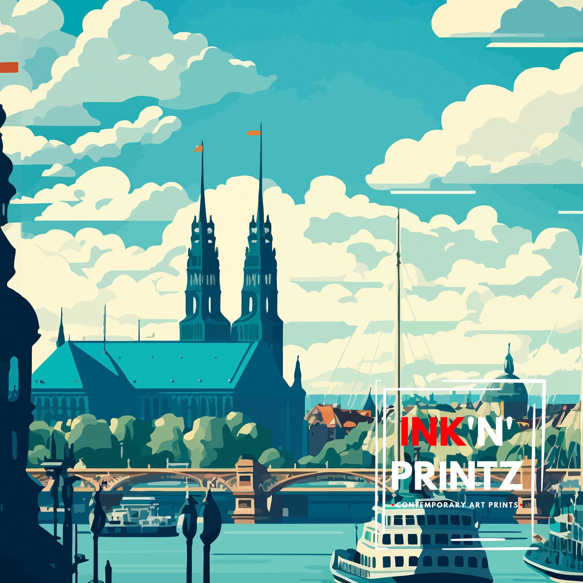 Hamburg Germany Travel Poster: Elbphilharmonie & St. Michaelis Church