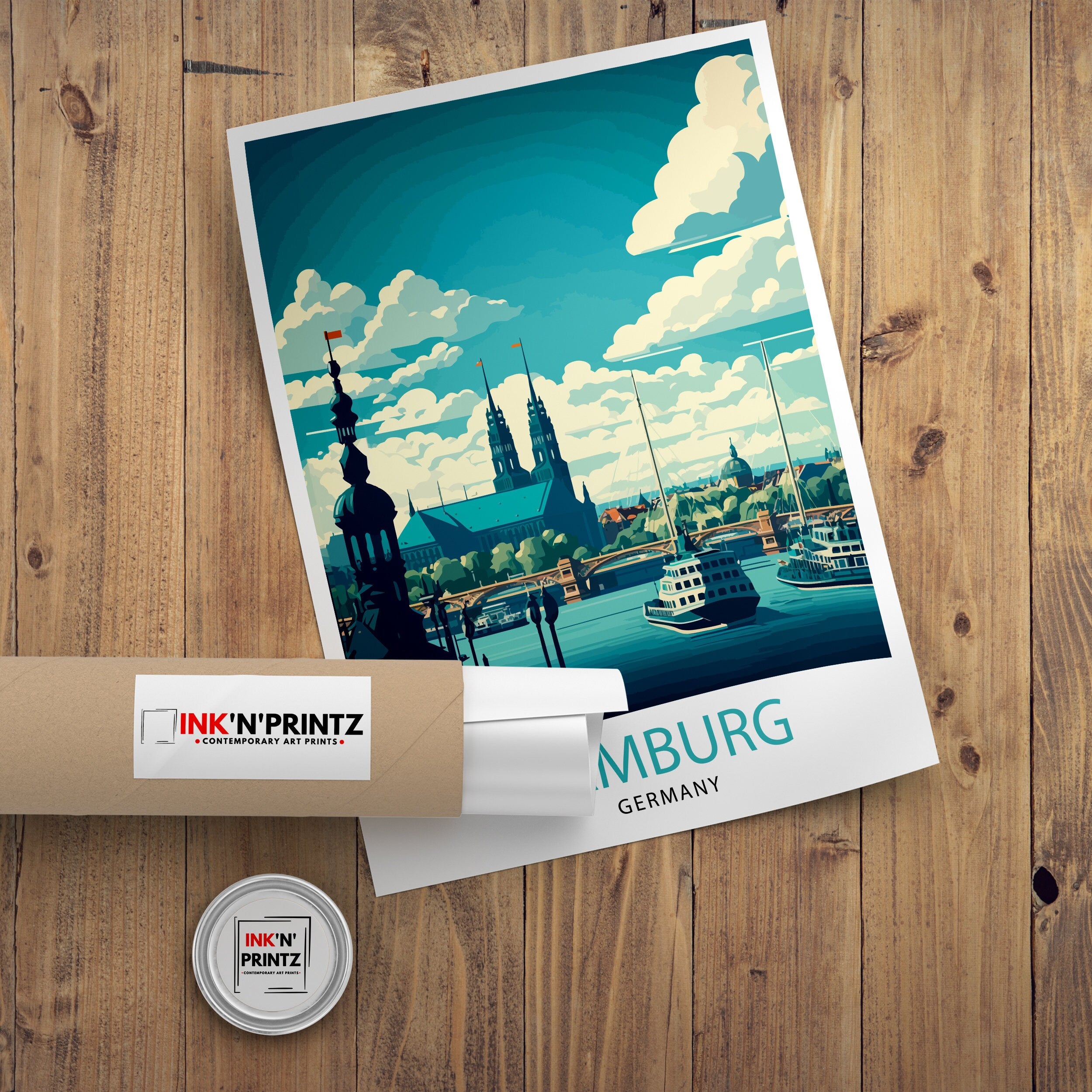 Hamburg Germany Travel Poster: Elbphilharmonie & St. Michaelis Church